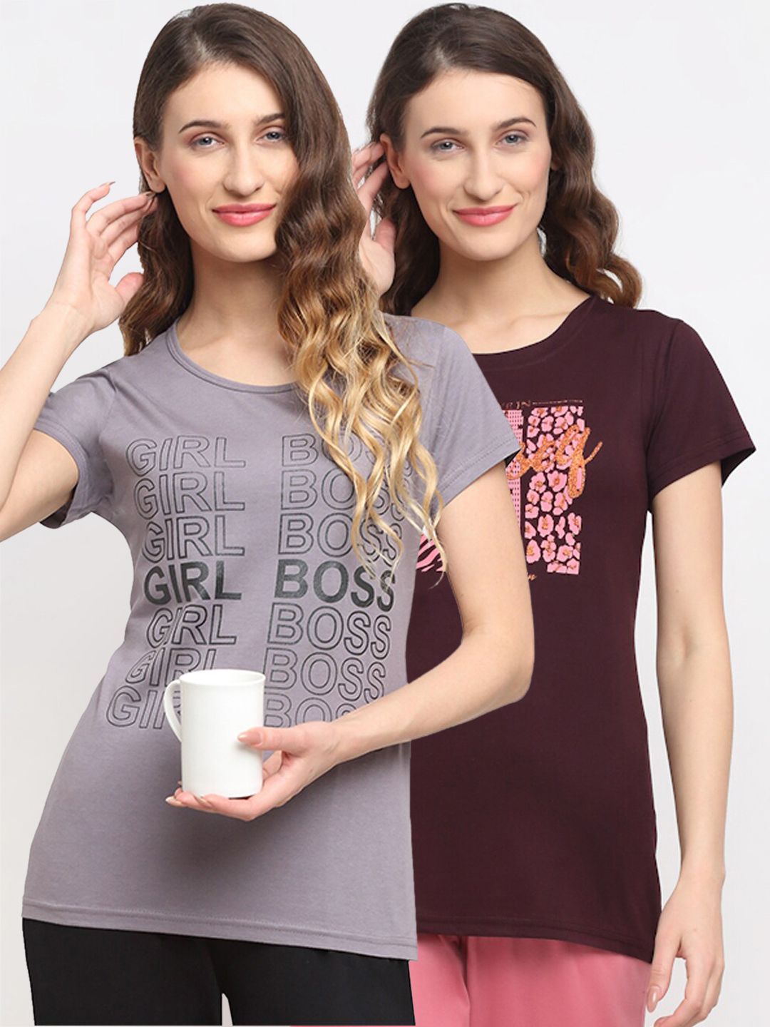 Kanvin Women Pack Of 2 Brown & Grey Printed Lounge Tshirts Price in India