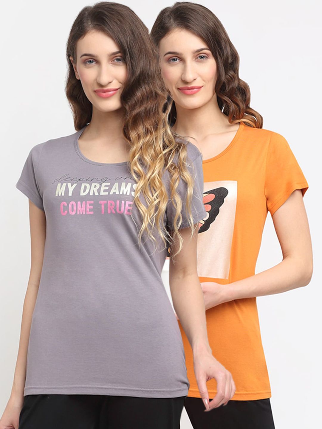 Kanvin Women Pack of 2 Grey & Orange Printed Lounge Tshirts Price in India