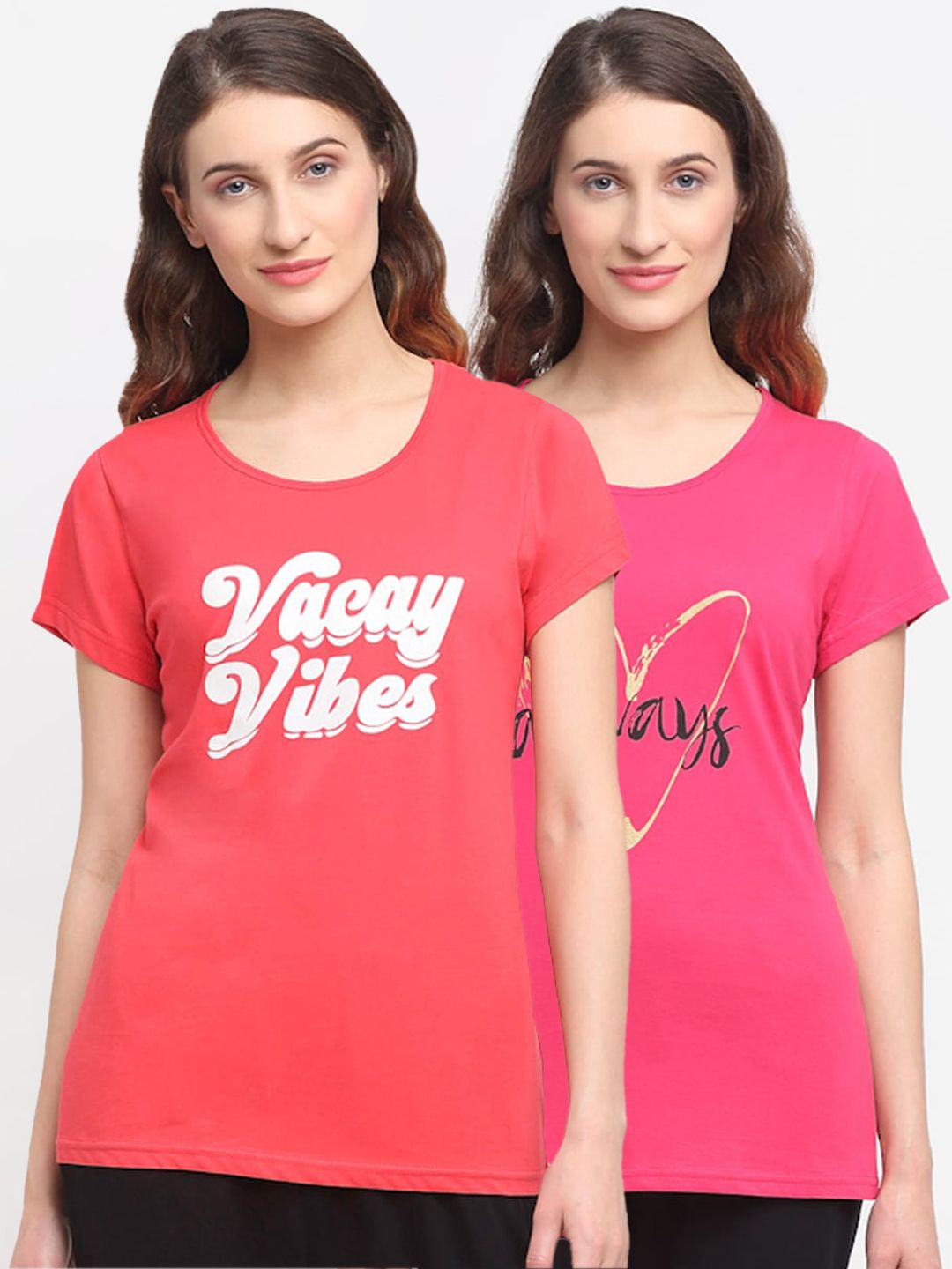 Kanvin Women Pack Of 2 Red & Pink Printed Lounge Tshirts Price in India