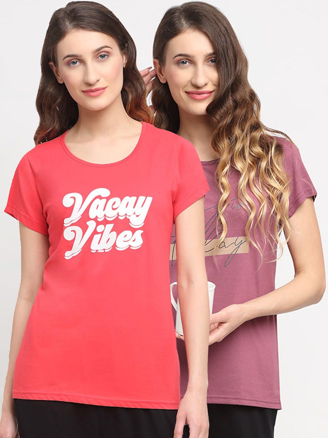Kanvin Women Pack Of 2 Red & Purple Printed Lounge Tshirts Price in India