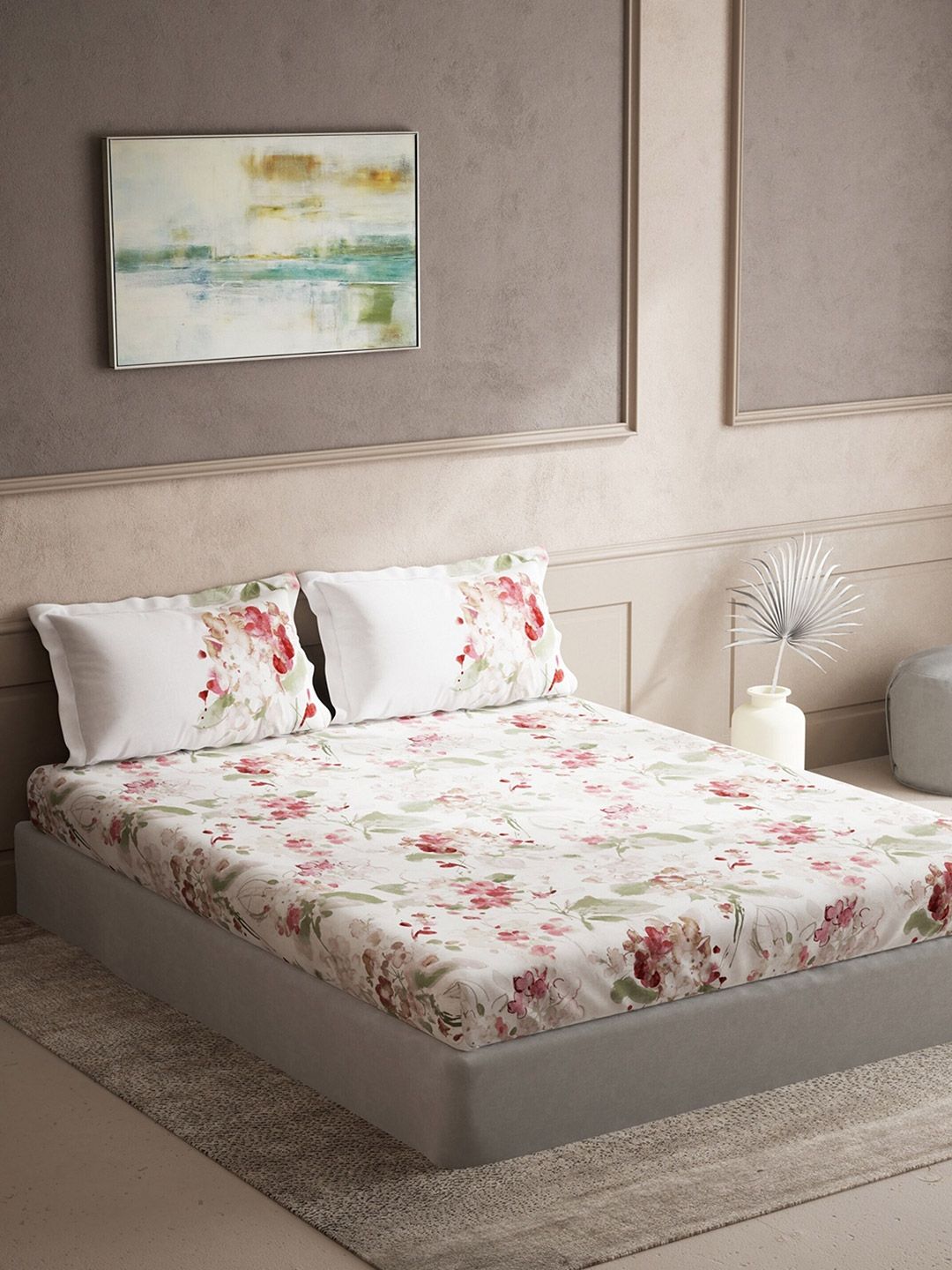 DDecor White & Pink Floral Printed Cotton 144 TC King Bedsheet with 2 Pillow Covers Price in India