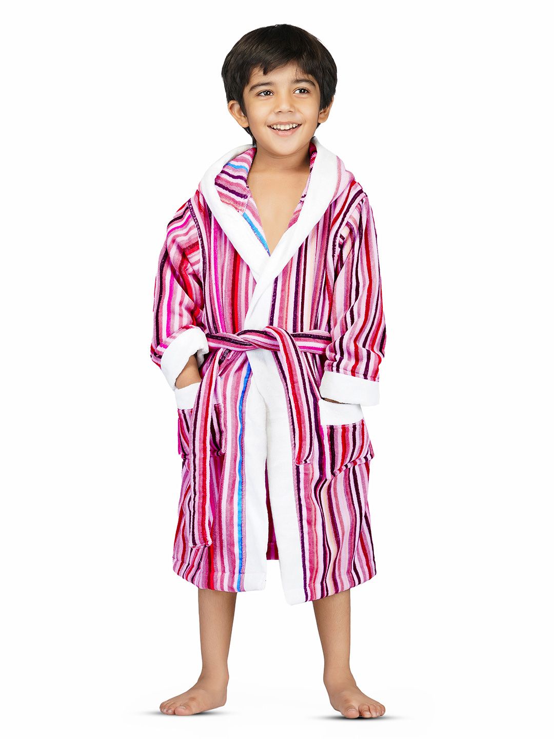 RANGOLI Kids Pink & White Striped 400 GSM Pure Cotton Bath Robe