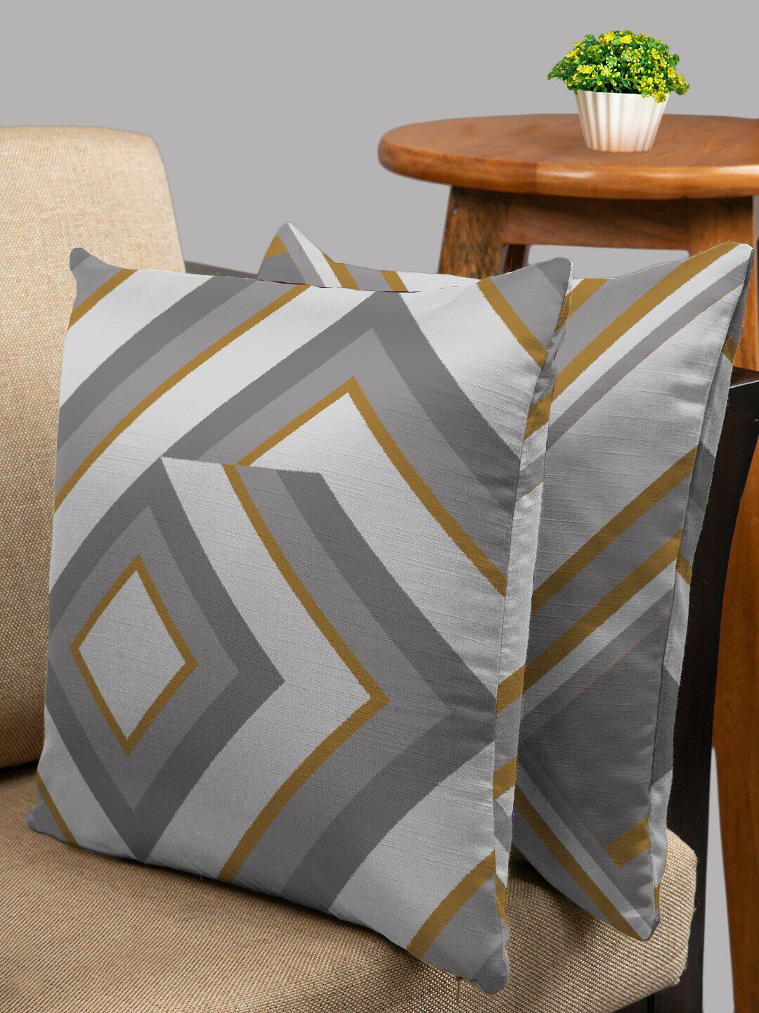 HOUZZCODE Grey Melange & Brown Set of 2 Geometric Square Cushion Covers Price in India