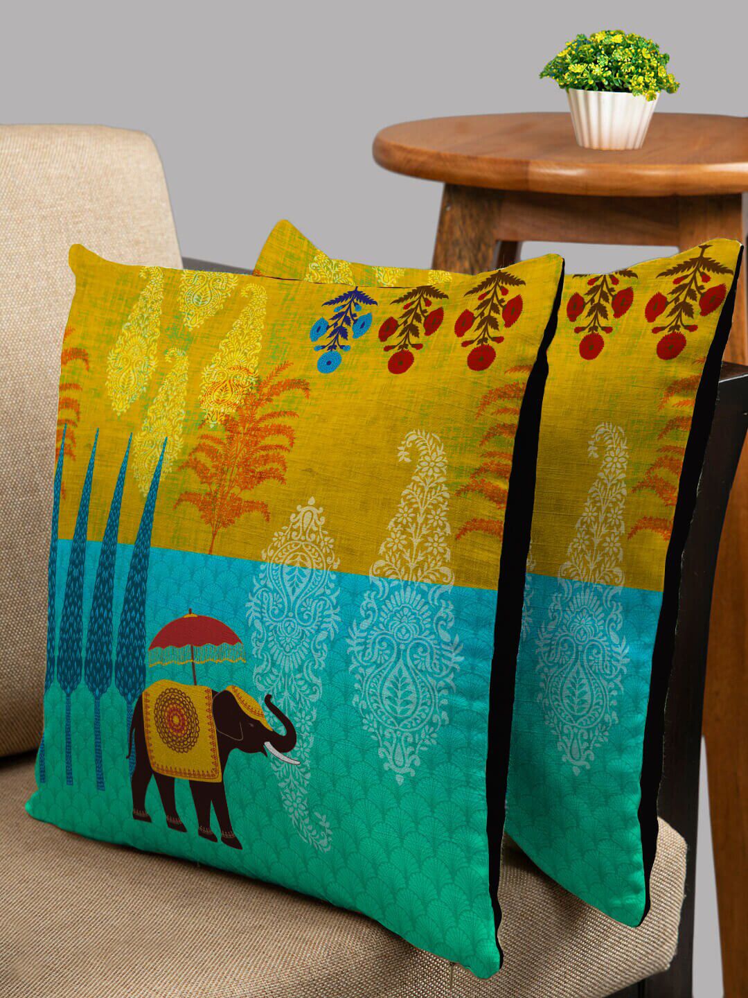 HOUZZCODE Green & Blue Set of 2 Floral Square Cushion Covers Price in India