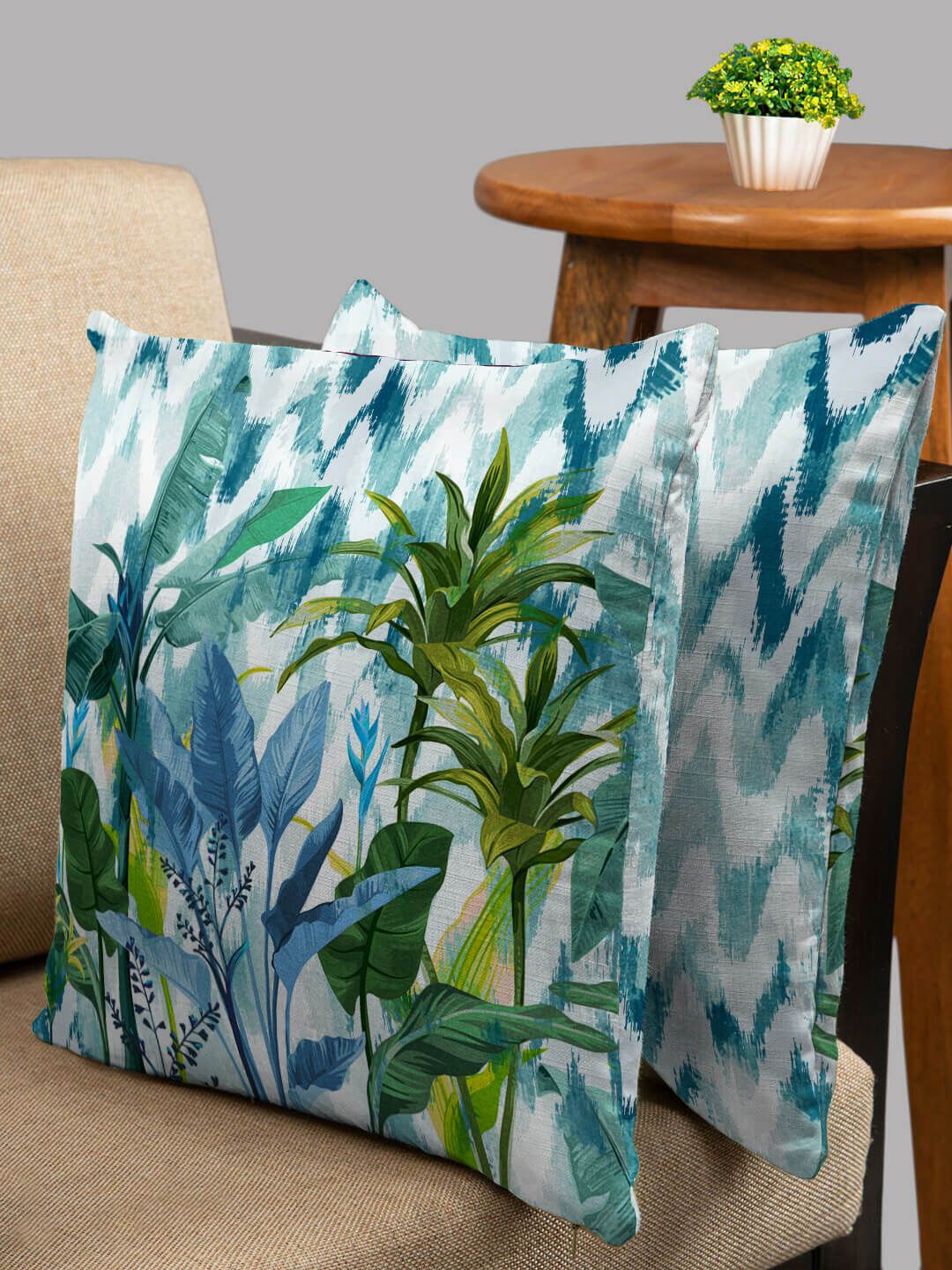 HOUZZCODE Blue & Green Set of 2 Floral Square Cushion Covers Price in India