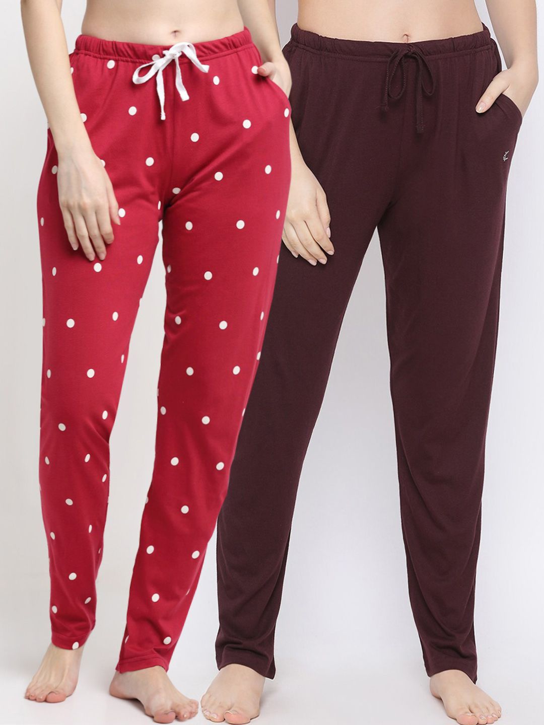 Kanvin Women Pack Of 2 Brown & Red Printed Pure Cotton Lounge Pants Price in India