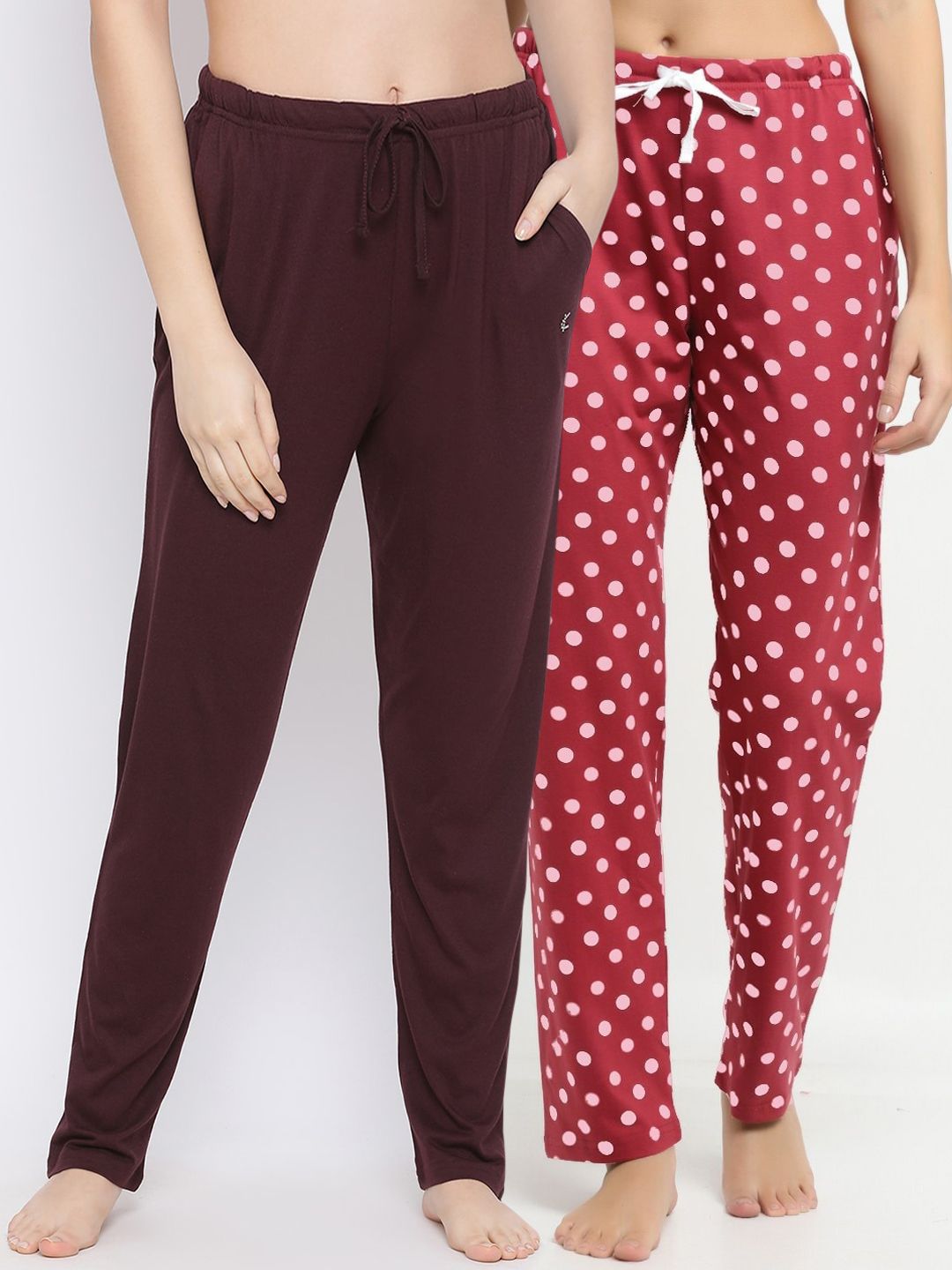 Kanvin Women Pack Of 2 Red & Brown Printed Pure Cotton  Brown Lounge Pants Price in India