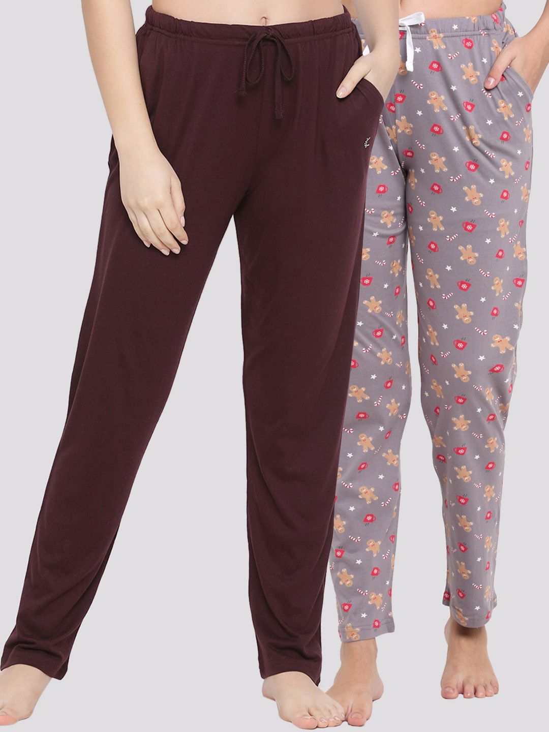 Kanvin Women Brown  Solid & Grey Printed Pack of 2 Lounge Pants Price in India