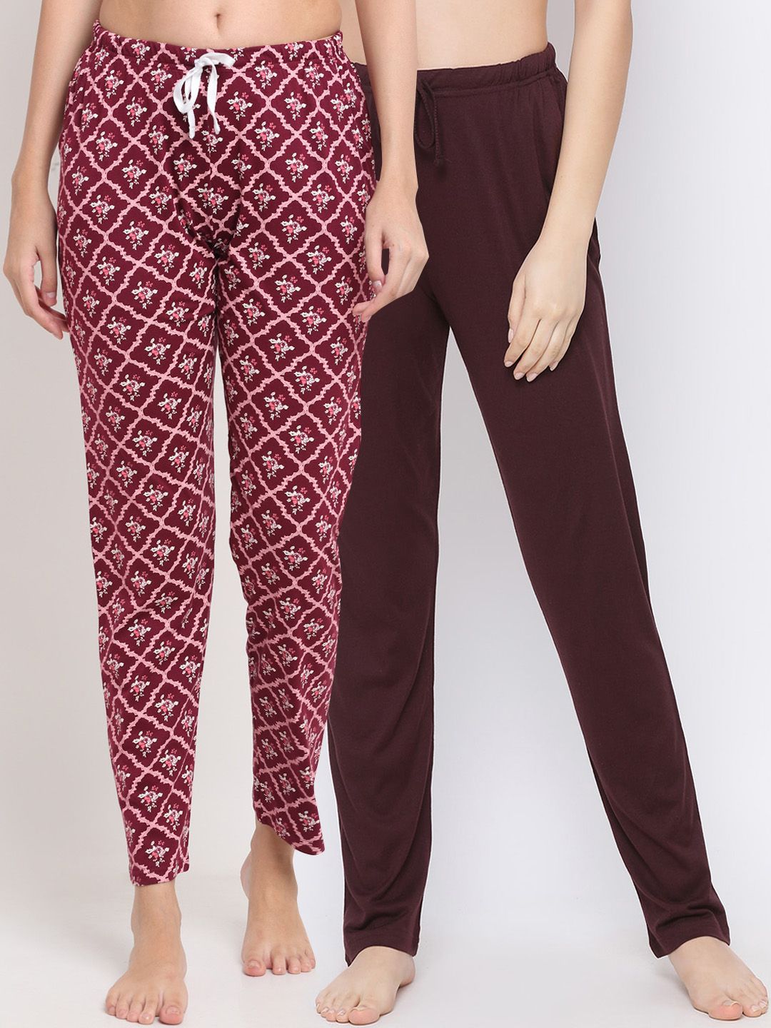 Kanvin Women Pack Of 2 Solid & Printed Pure Cotton Lounge Pants Price in India