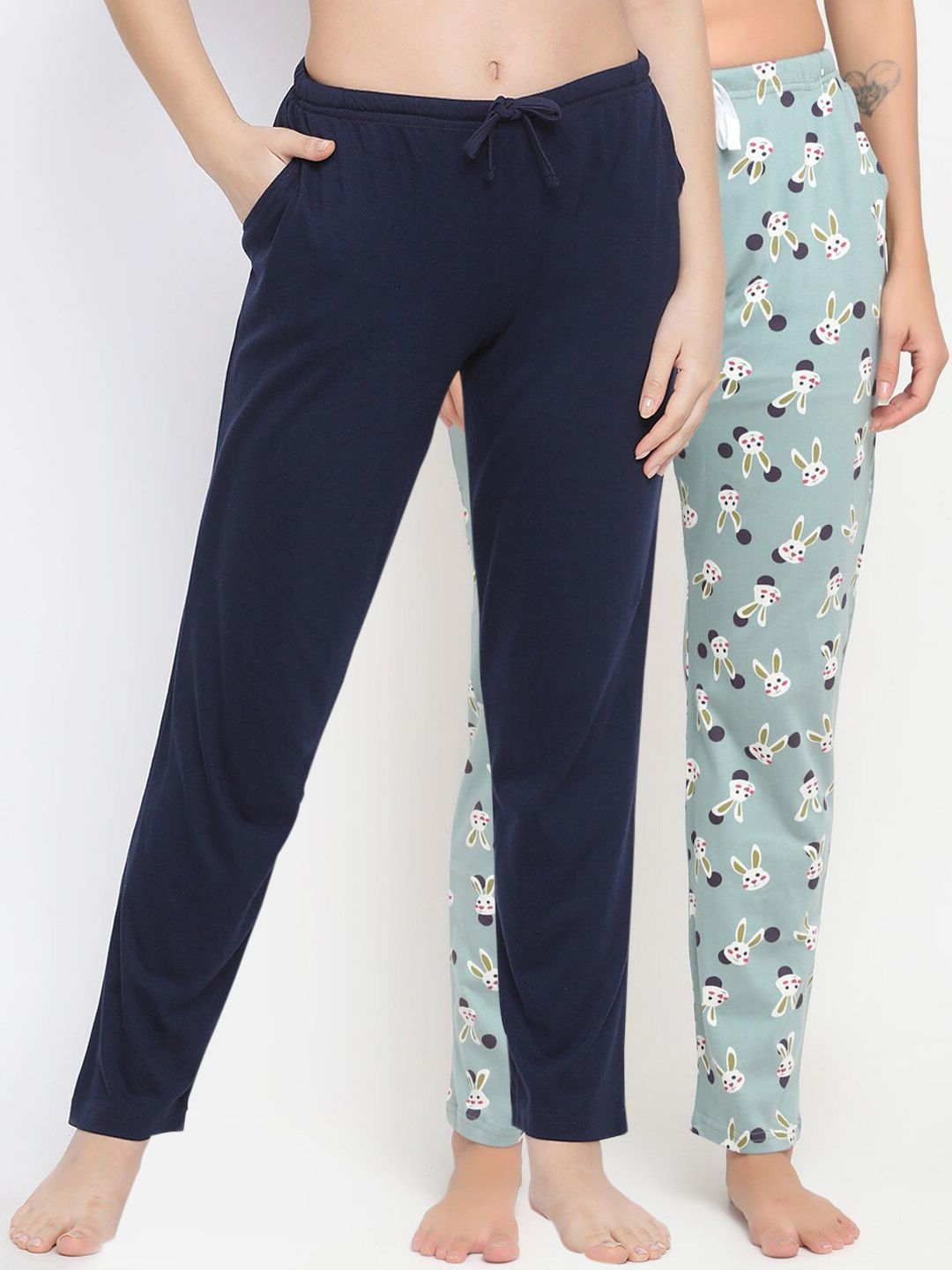 Kanvin Women Pack of 2 Navy Blue & Blue Printed Cotton Lounge Pants Price in India