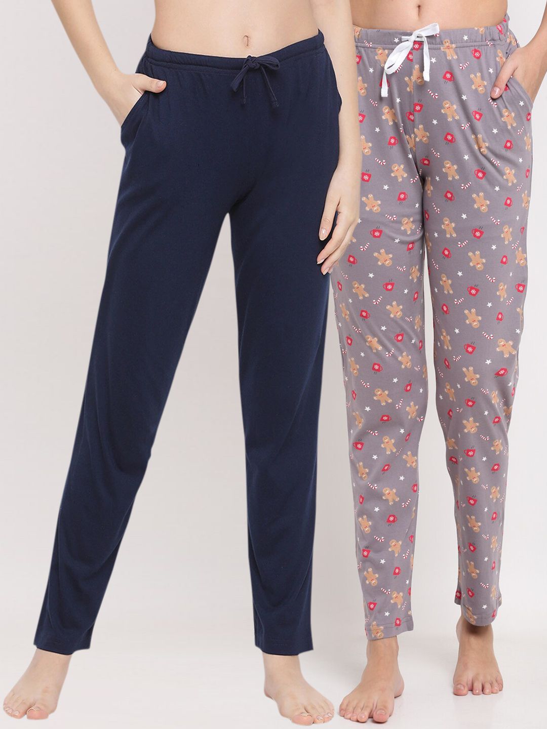 Kanvin Women Pack of 2 Navy Blue & Greyk Printed Cotton Lounge Pants Price in India