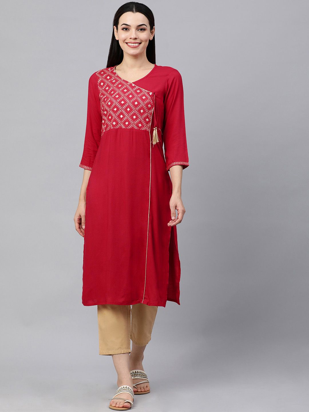 KALINI Women Red Embroidered Mirror Work Angrakha Kurta Price in India