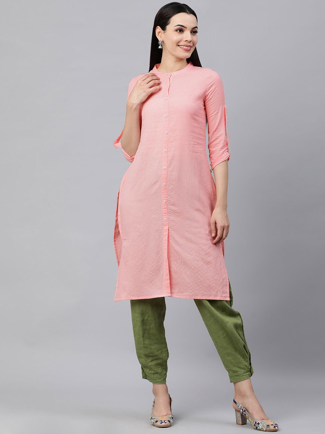 KALINI Women Pink Solid Thread Work Roll-Up Sleeves Kurta Price in India