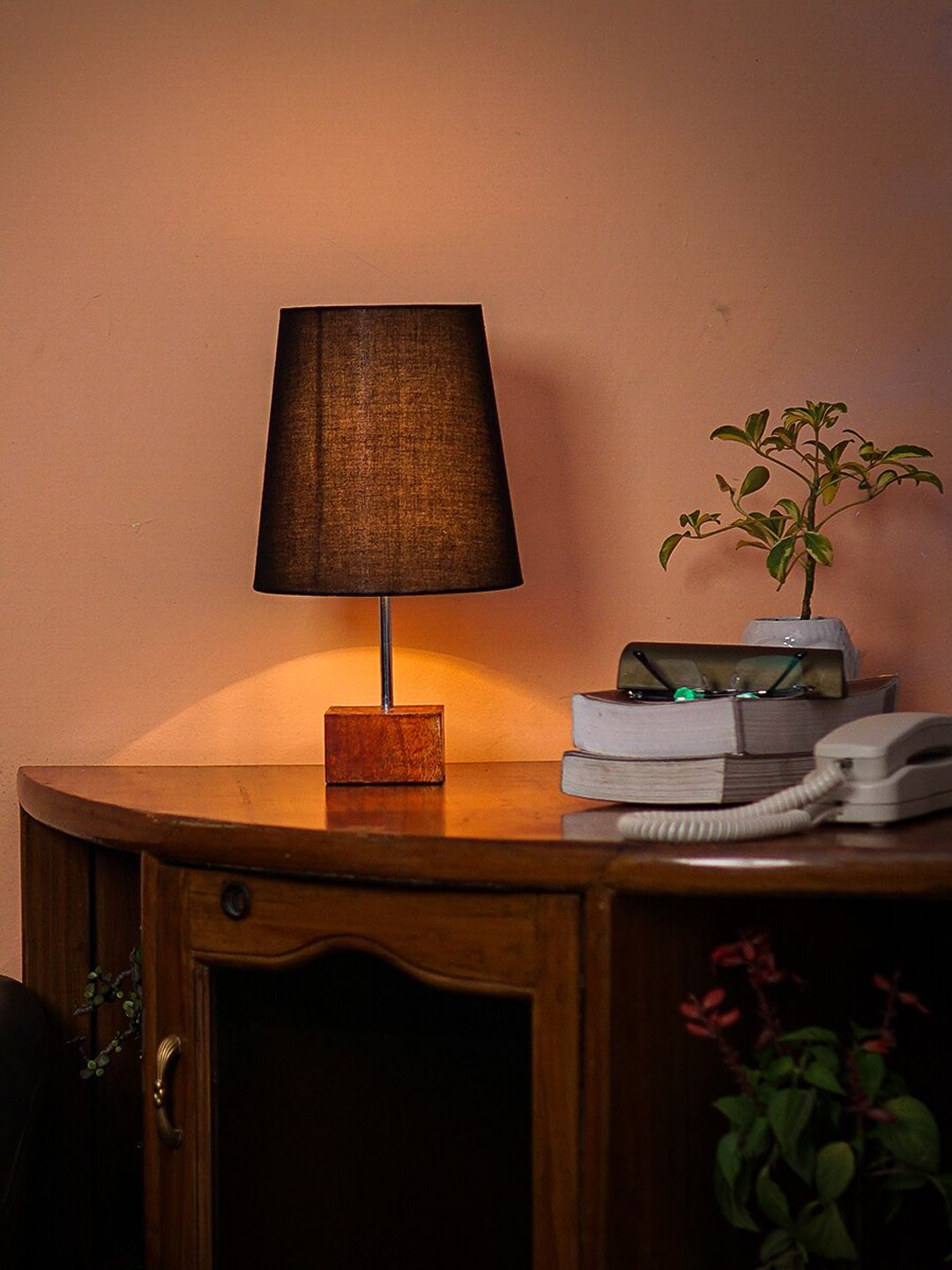 Pinecraft INTERNATIONAL Black Ema Wooden Table Lamp with Cotton Shade Price in India