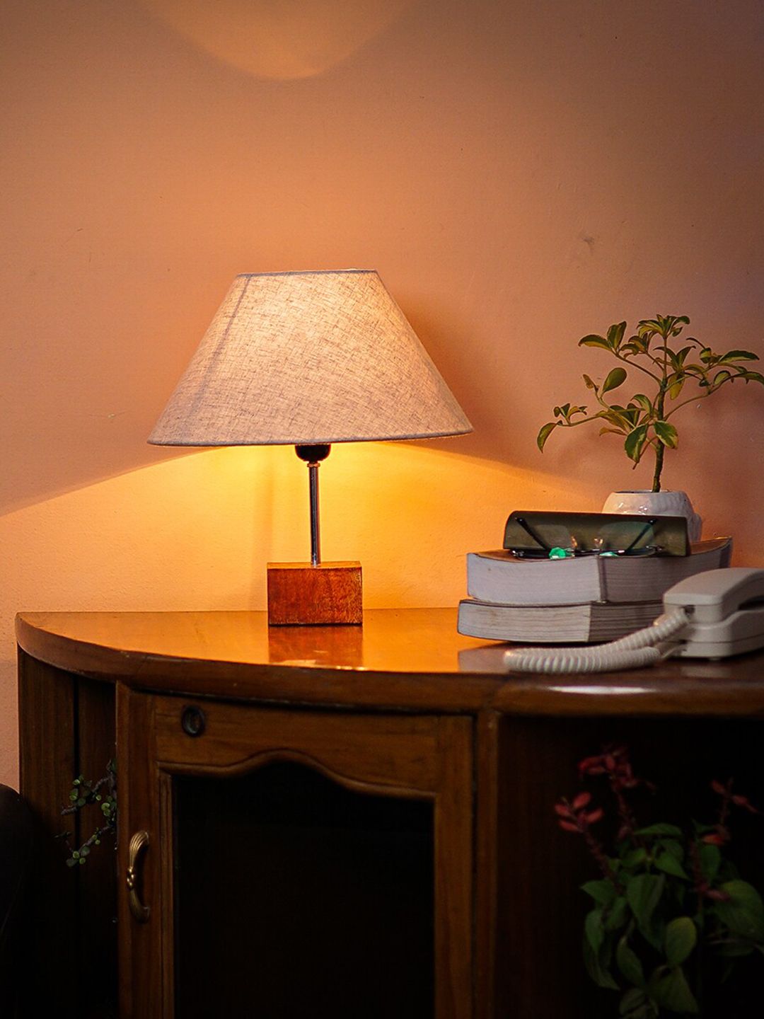 Pinecraft INTERNATIONAL Beige Ema Wooden Table Lamp with Linen Shade Price in India