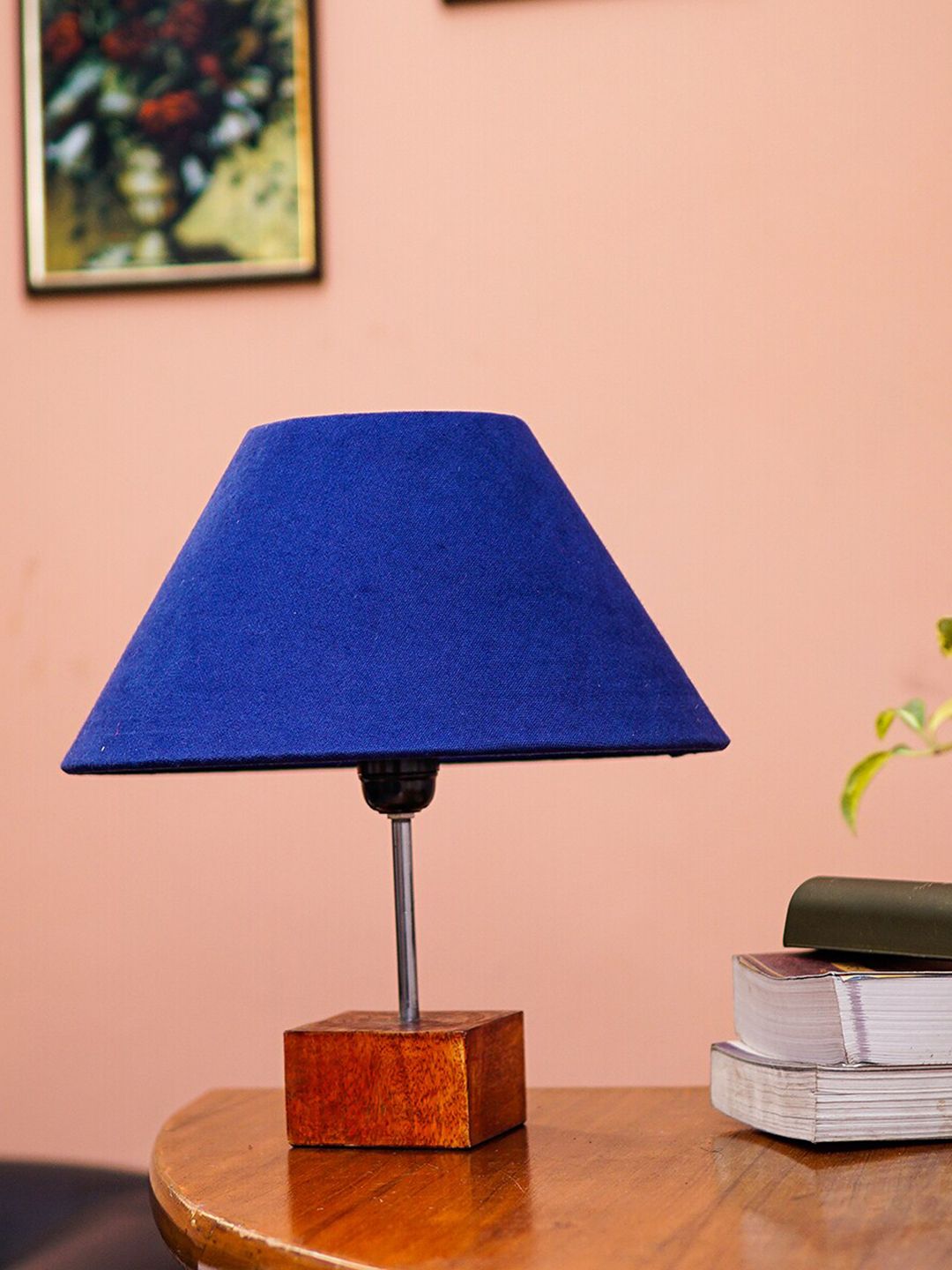 Pinecraft INTERNATIONAL Blue Ema Wooden Table Lamp with Cotton Shade Price in India