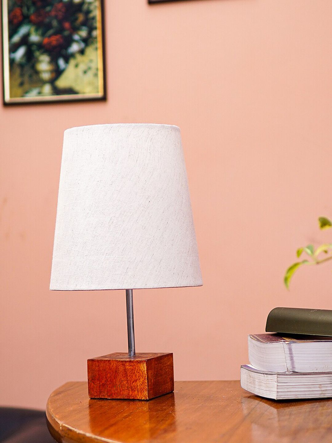 Pinecraft INTERNATIONAL Beige Ema Wooden Table Lamp with Linen Shade Price in India