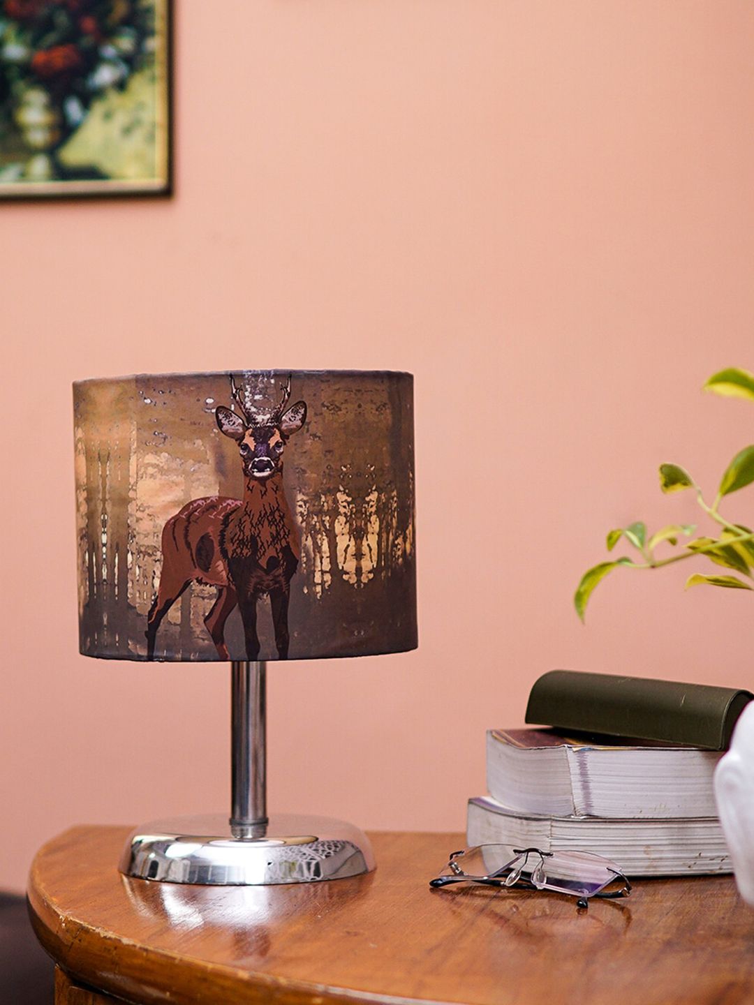 Pinecraft INTERNATIONAL Steel & Brown Deer Printed Levi Table Lamp with Shade Price in India