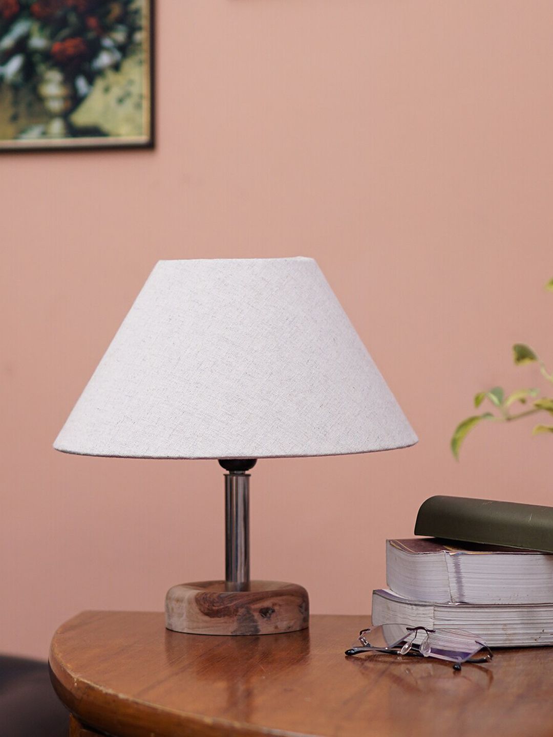 Pinecraft INTERNATIONAL Beige Wooden Edra Table Lamp With Linen Frustum Shade Price in India