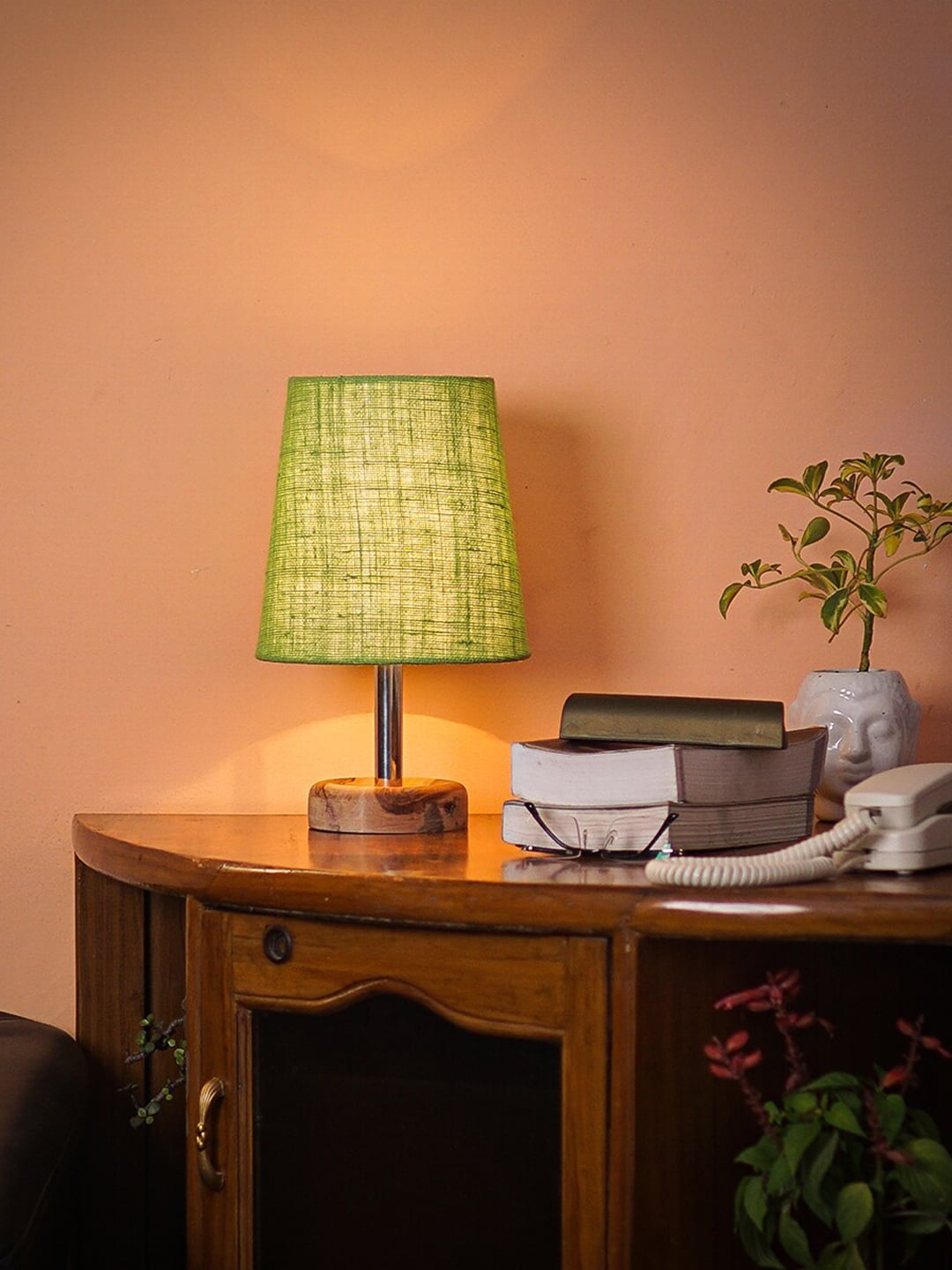 Pinecraft INTERNATIONAL Green Wooden Edra Table Lamp With Jute Frustum Shade Price in India