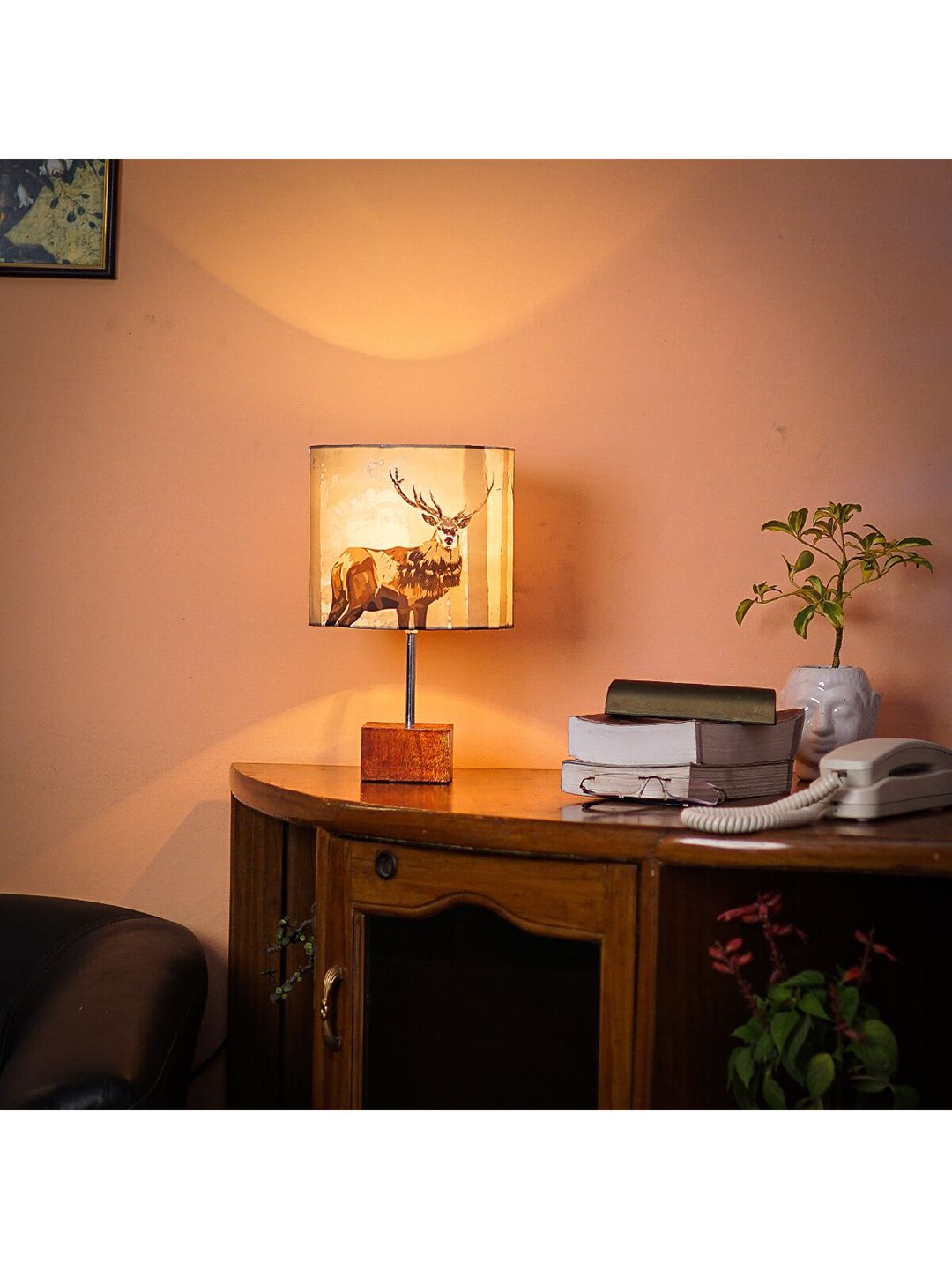 Pinecraft INTERNATIONAL Beige Deer Printed Table Lamp with Shade Price in India