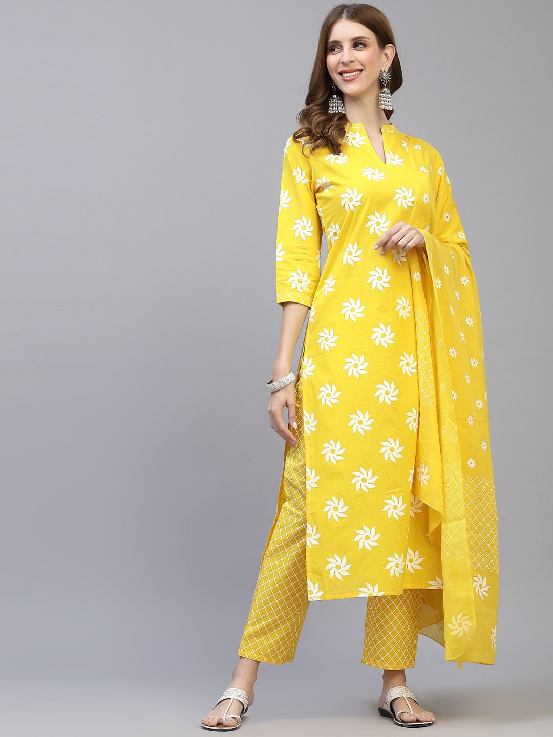 Stylum Women Yellow Pleated Pure Cotton Kurta with Trousers & Dupatta Price in India