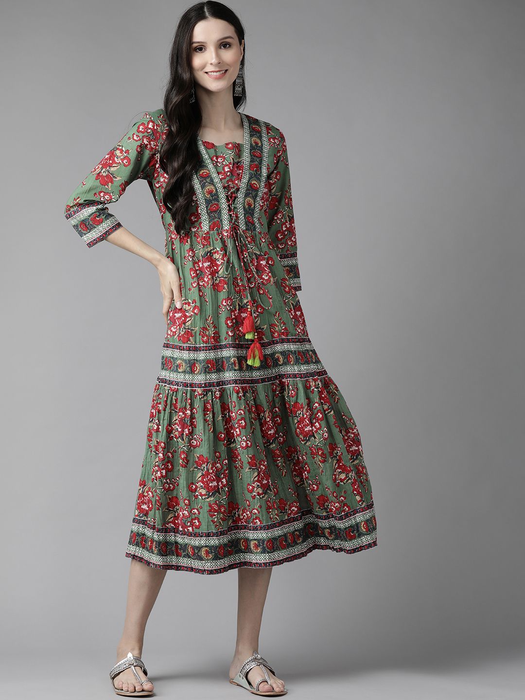 Rain & Rainbow Green & Red Floral A-Line Midi Dress Price in India