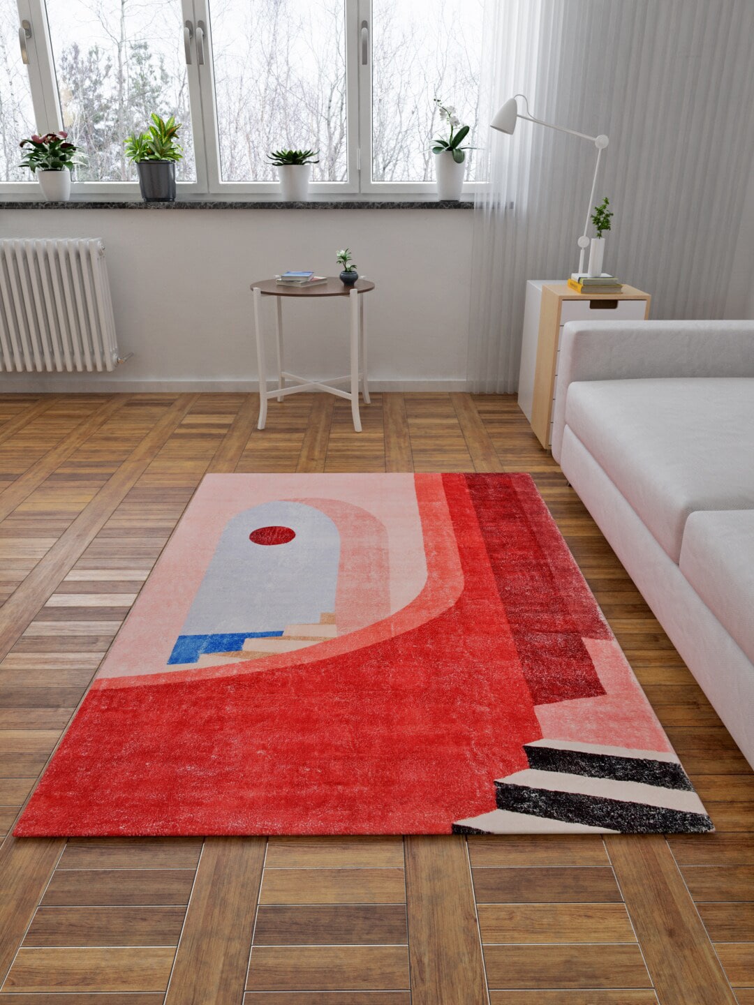 URBAN DREAM Red & Peach Abstract Carpet Price in India