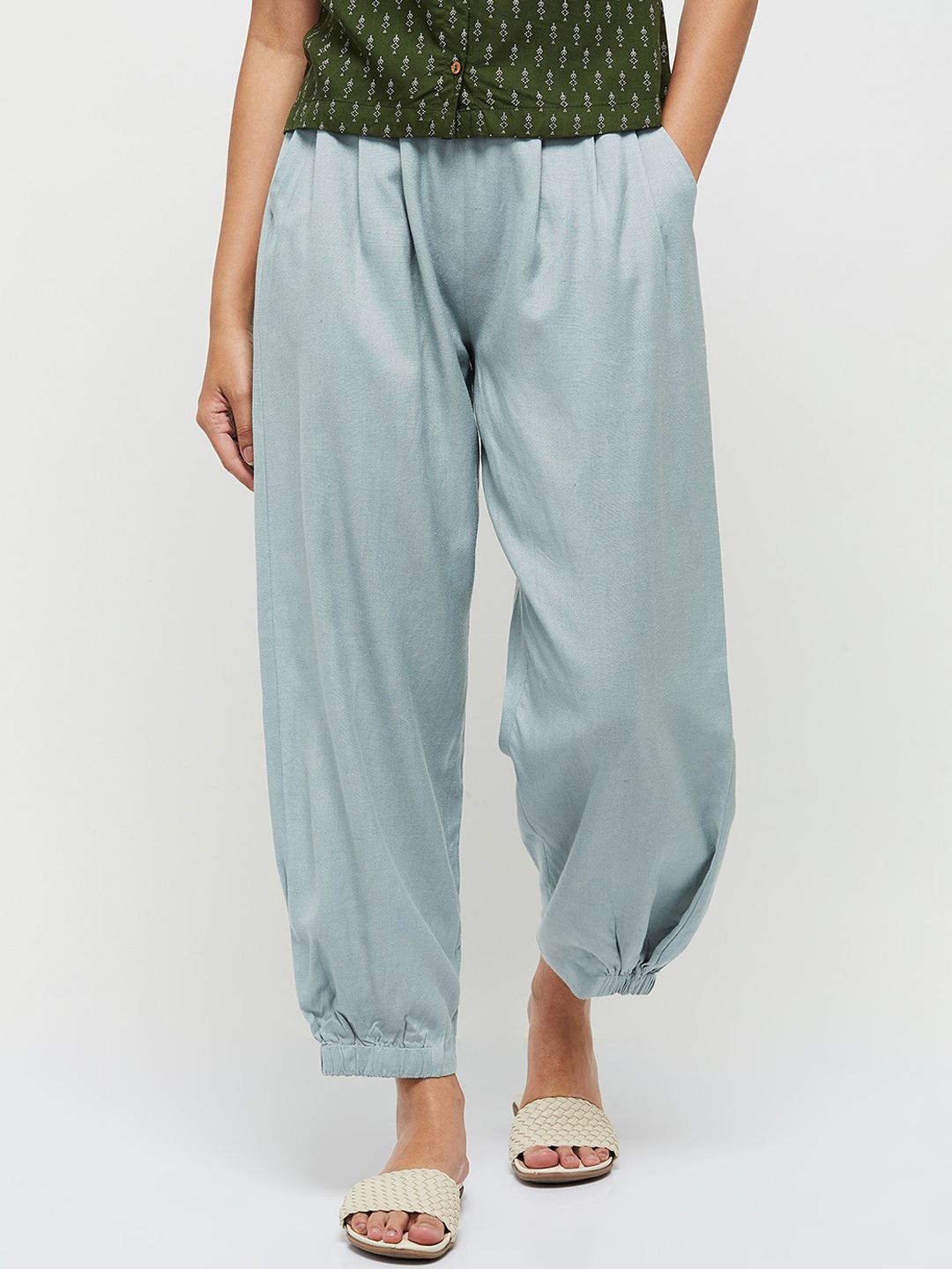 max Women Blue Pleated Joggers Trousers Price in India