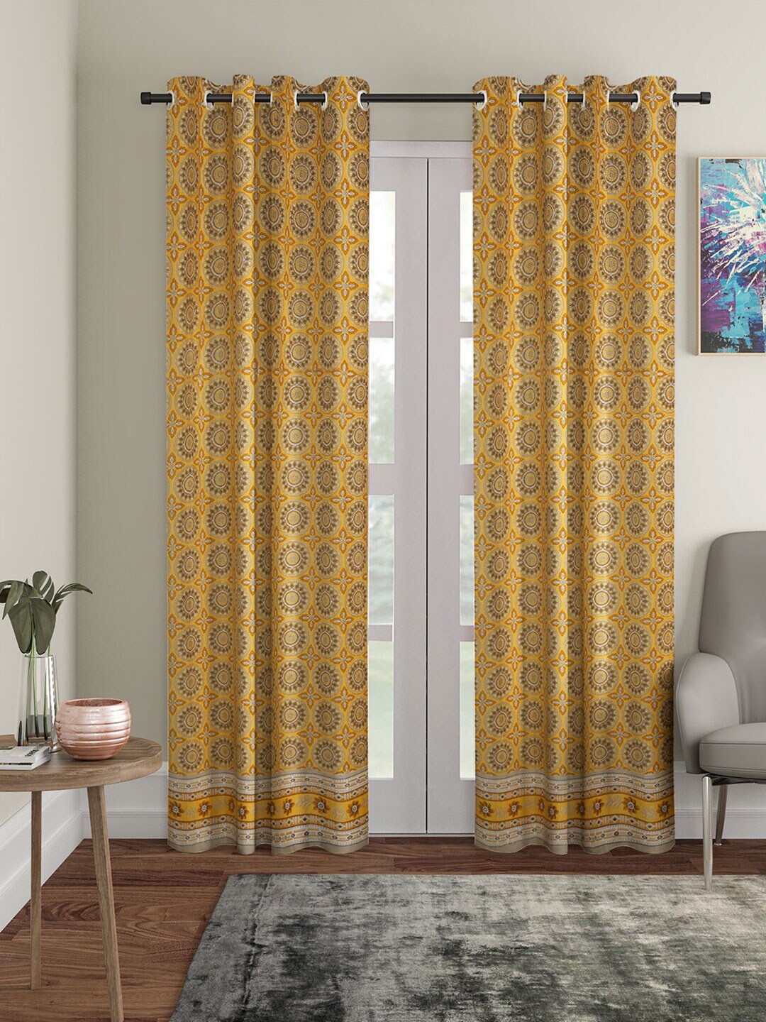 Rajasthan Decor Yellow & Grey Set of 2 Floral Room Darkening Door Curtain Price in India