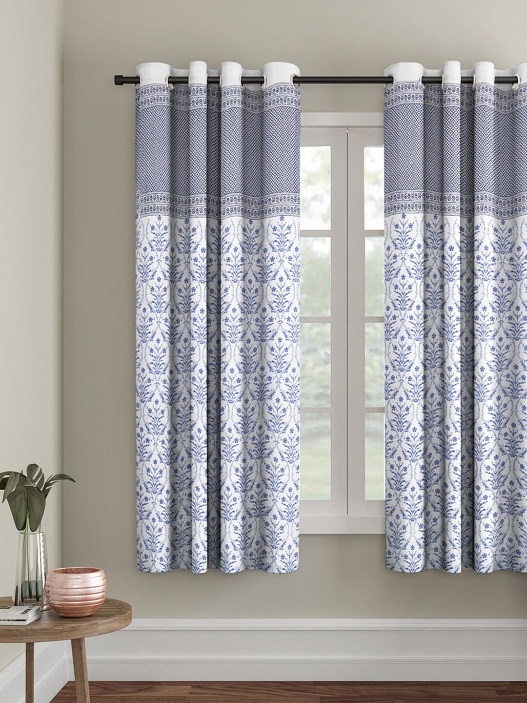 Rajasthan Decor White & Blue Floral Room Darkening Window Curtain Price in India
