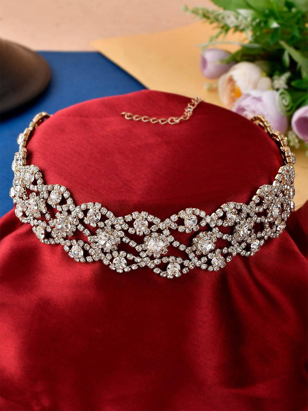 AQUASTREET Gold-Toned & White Gold-Plated Crystals Embellished Choker Necklace Price in India