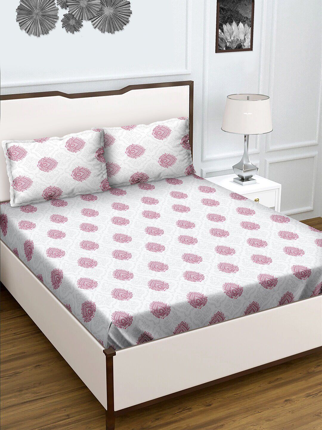 BELLA CASA Pink & White Floral 180 TC King Bedsheet with 2 Pillow Covers Price in India