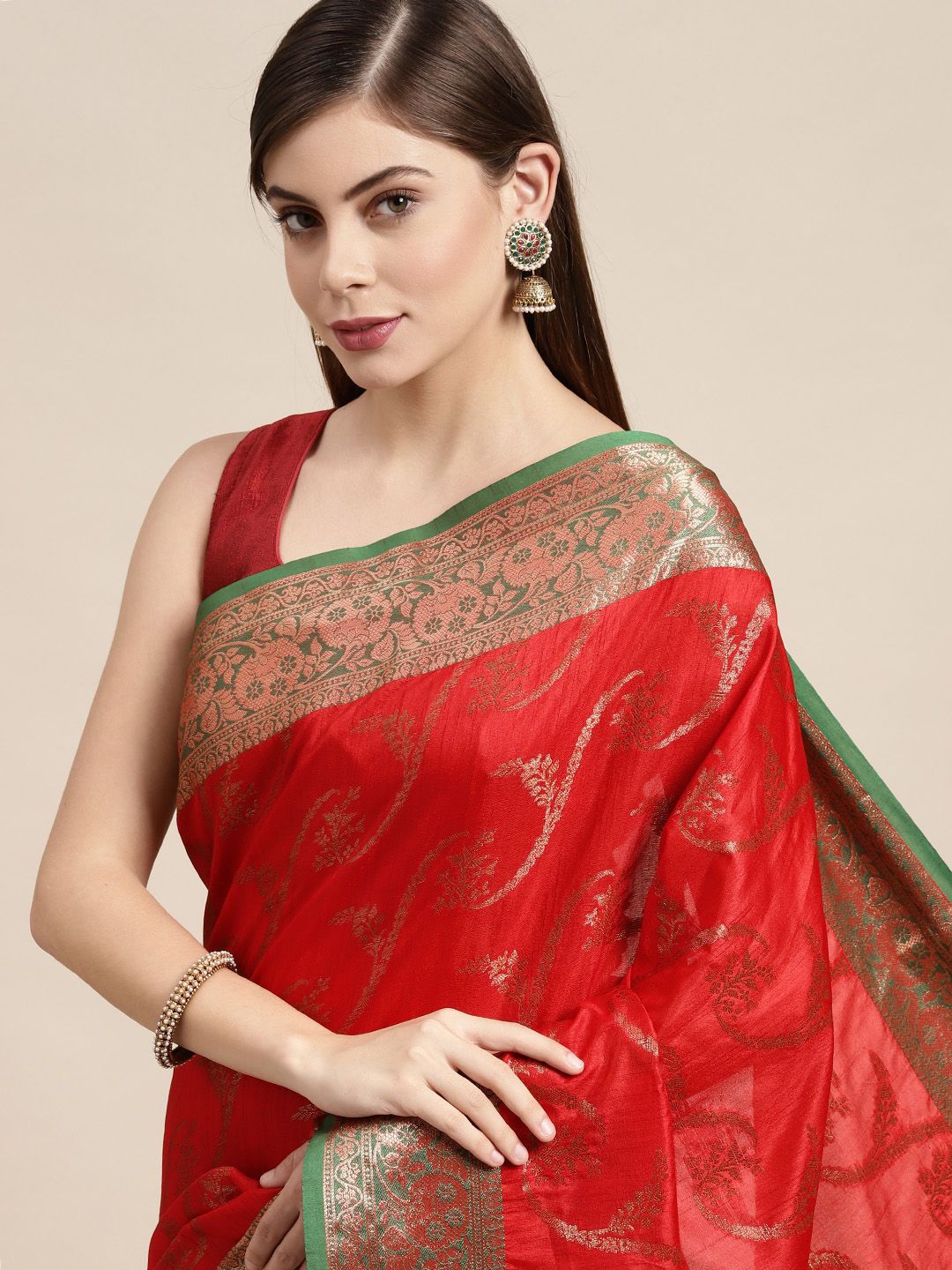 SANGAM PRINTS Red Woven Design Silk Blend Saree Price in India