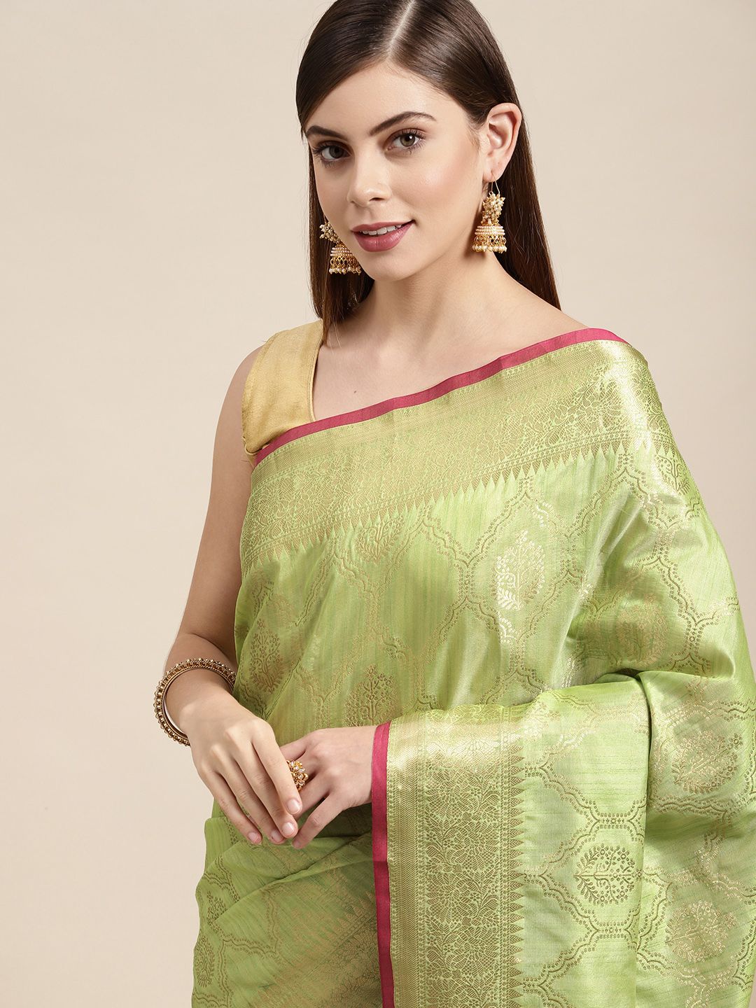 SANGAM PRINTS Green Woven Design Silk Blend Saree Price in India