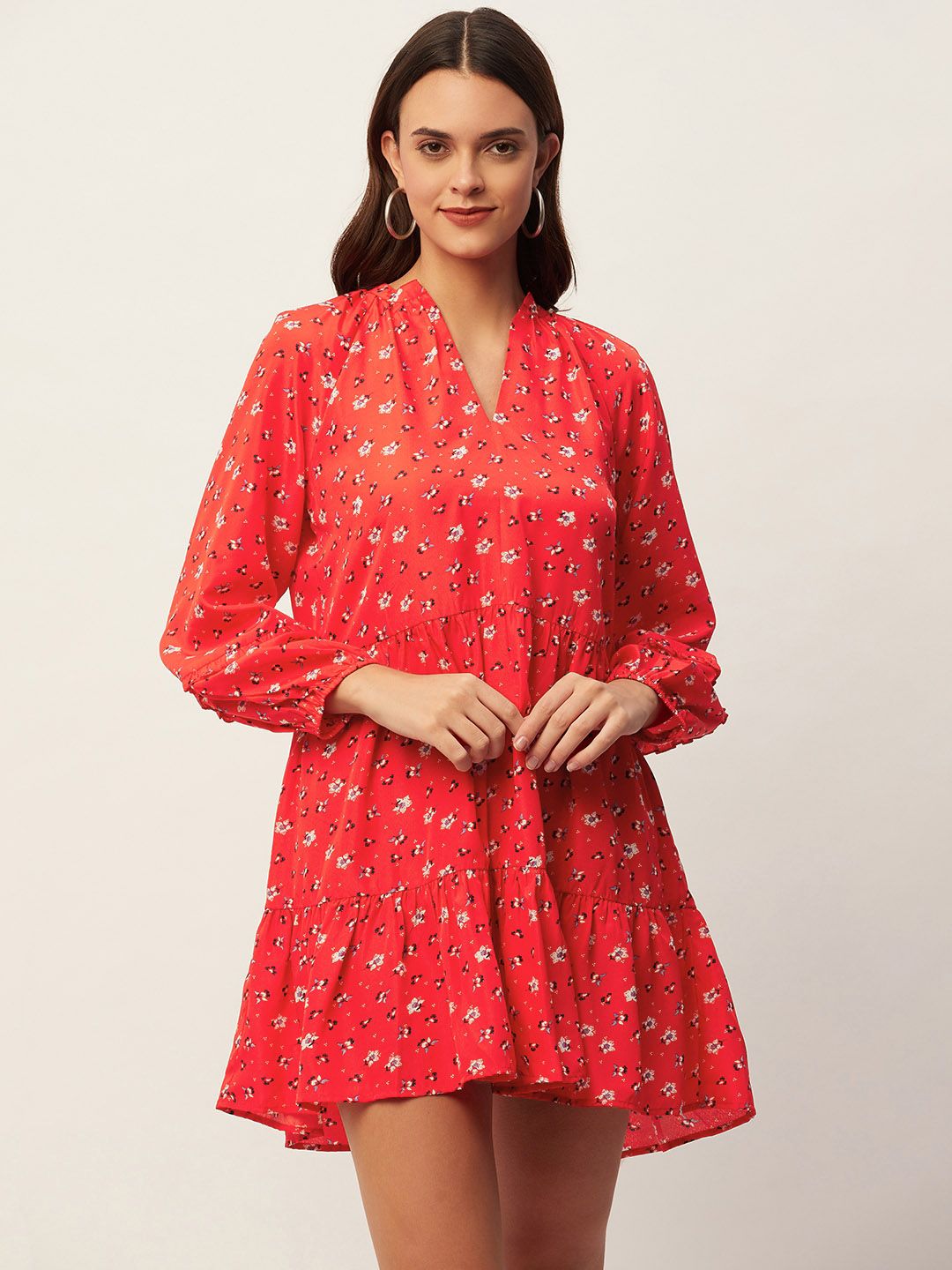 Aayna Red Floral Crepe Balloon Mini Dress Price in India