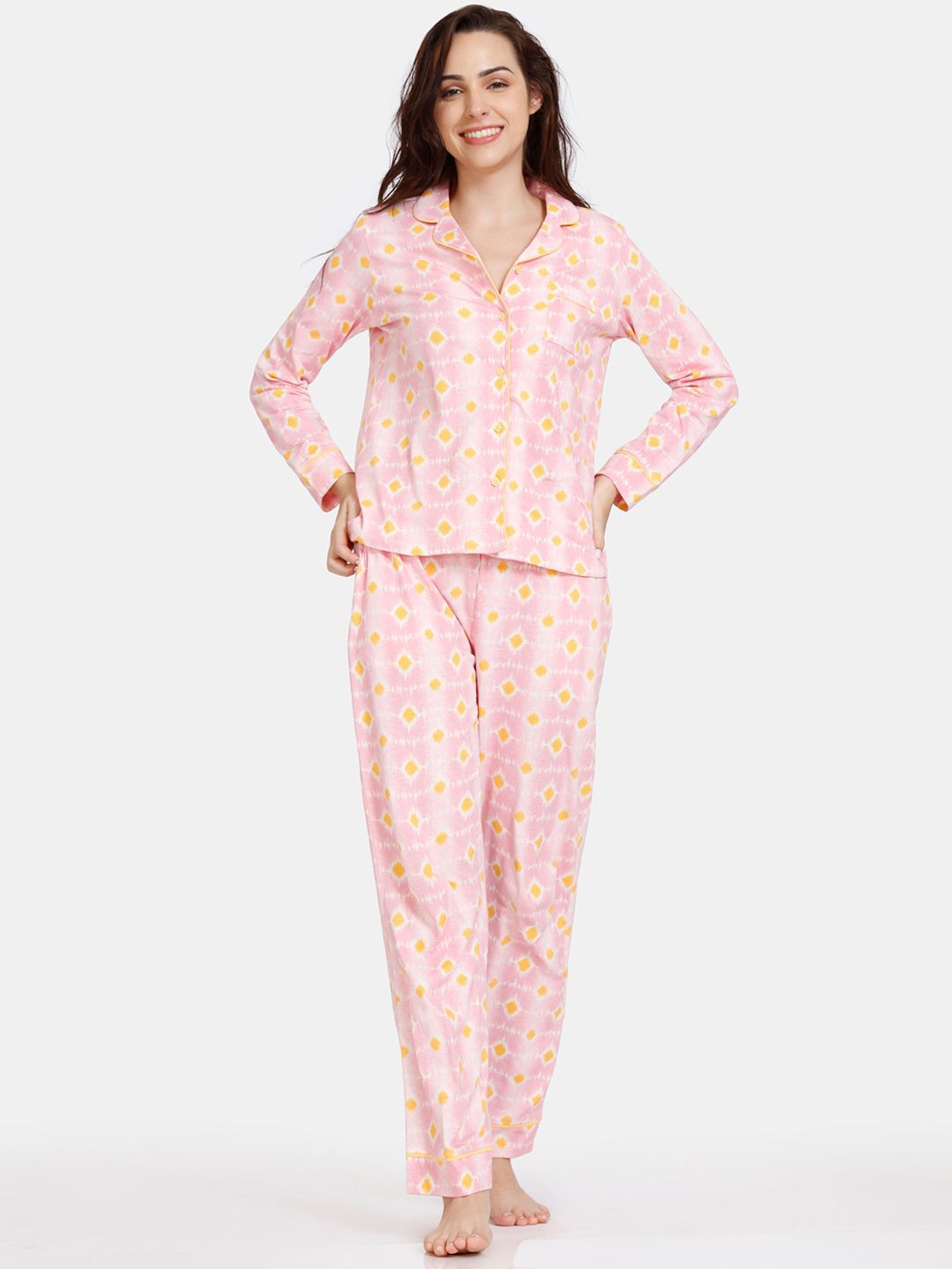 Zivame Women Pink & White Printed Cotton Night suit Price in India