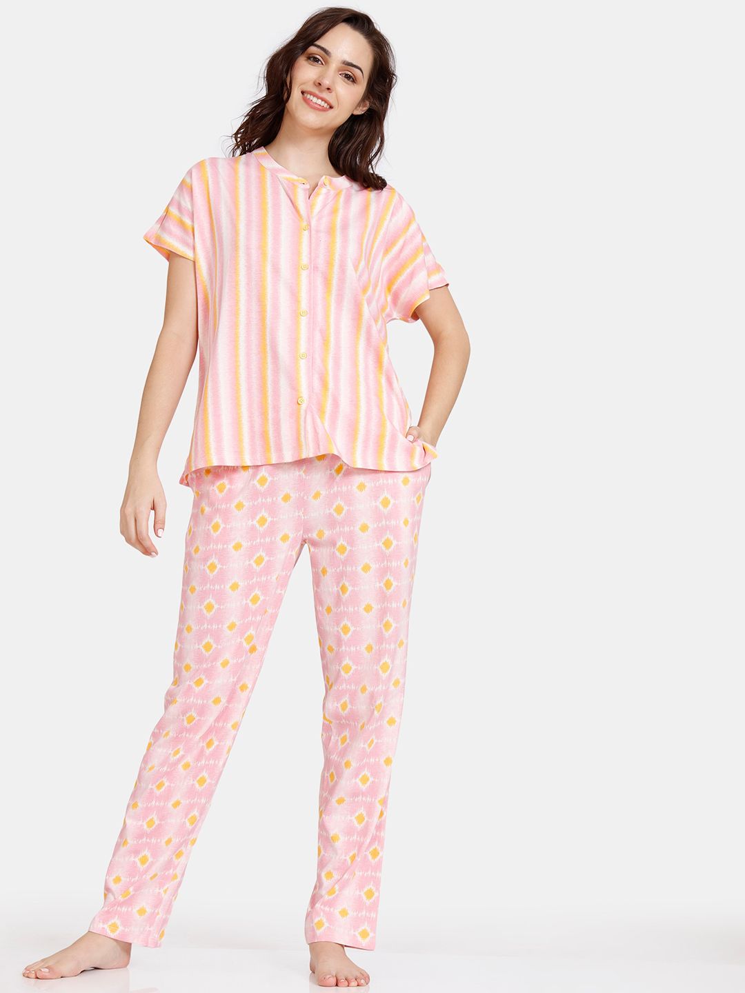 Zivame Women Pink & White Printed Cotton Night suit Price in India