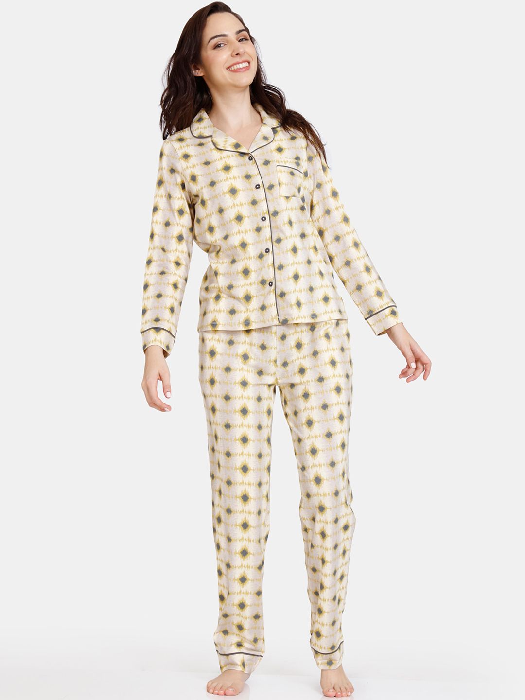 Zivame Women Yellow & Blue Printed Pure Cotton Night Suit Price in India