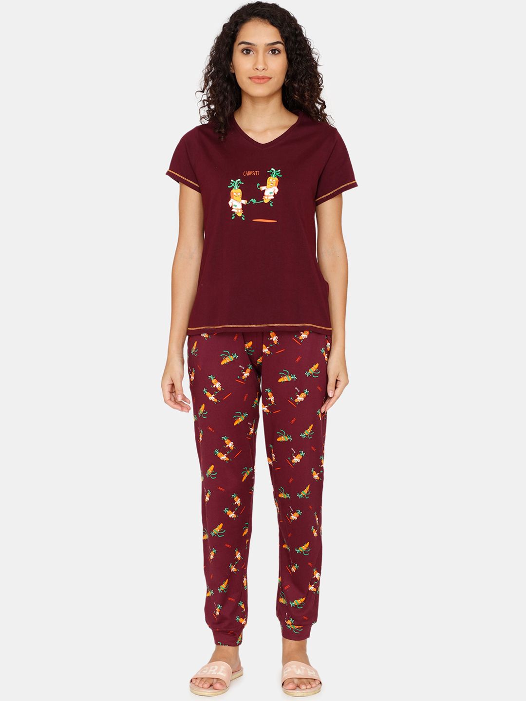 Zivame Women Maroon & Orange Printed Night Suit Price in India