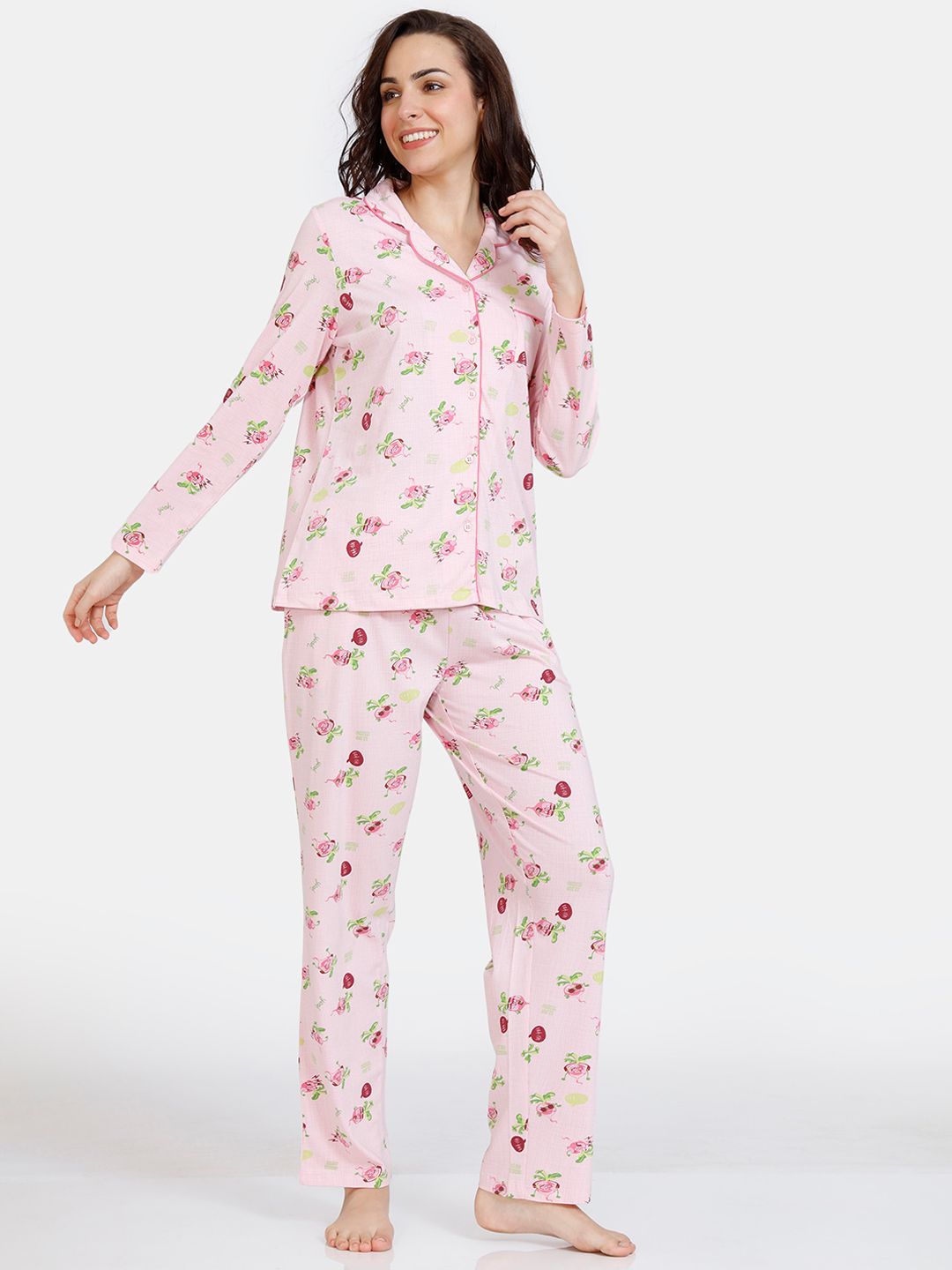 Zivame Women Pink & Green Printed Pure Cotton Night suit Price in India