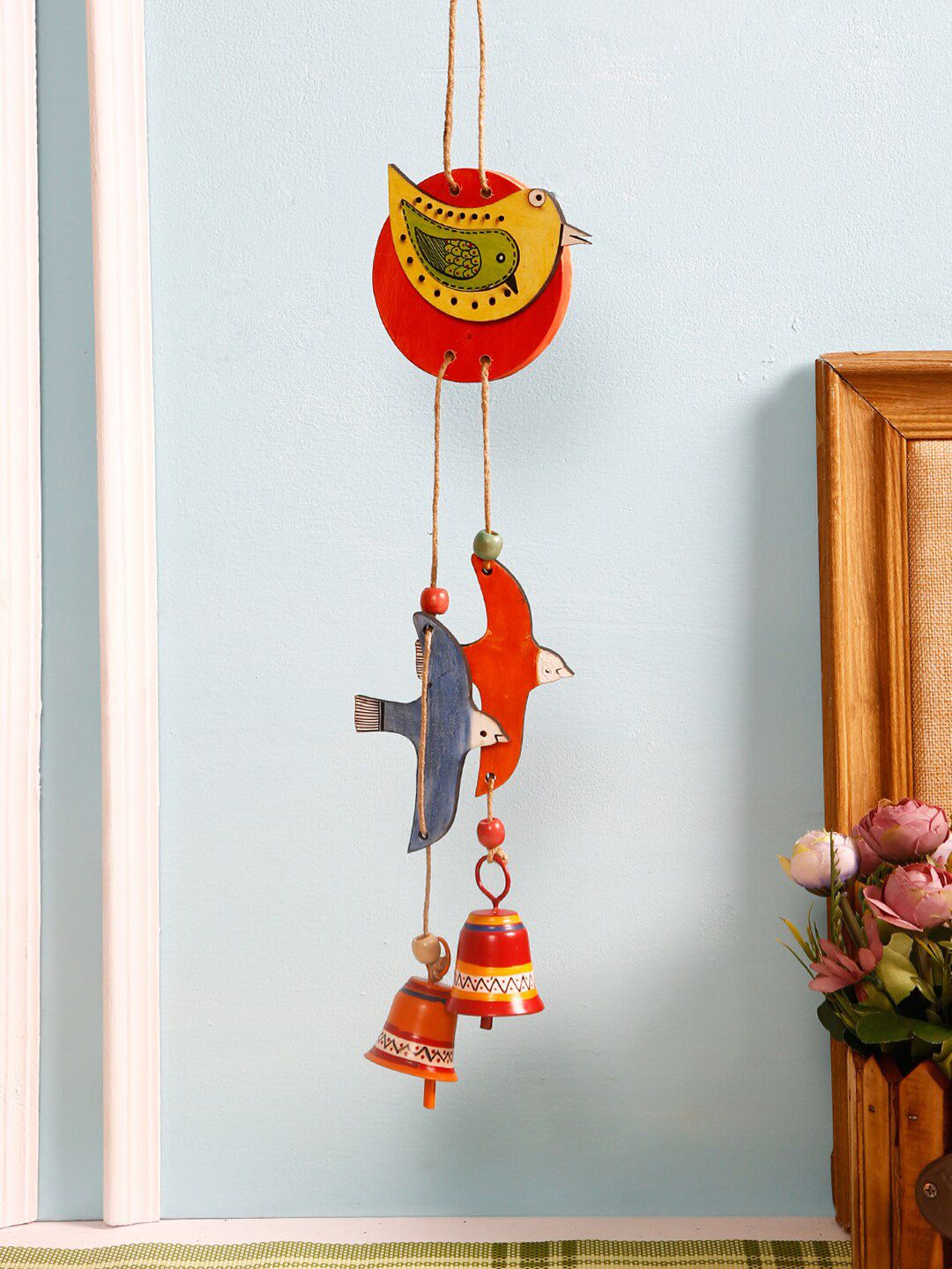 Aapno Rajasthan Orange & Blue  Colourful Hanging Wooden Chime With Bells Wall Decor Price in India