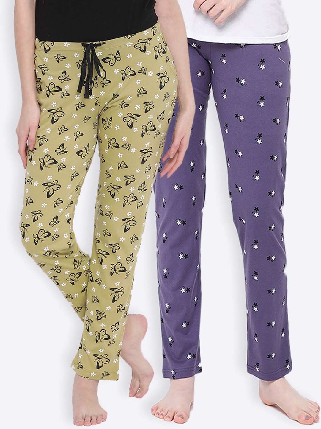 Kanvin Women Pack of 2 Green & Purple Printed Cotton Lounge Pants Price in India