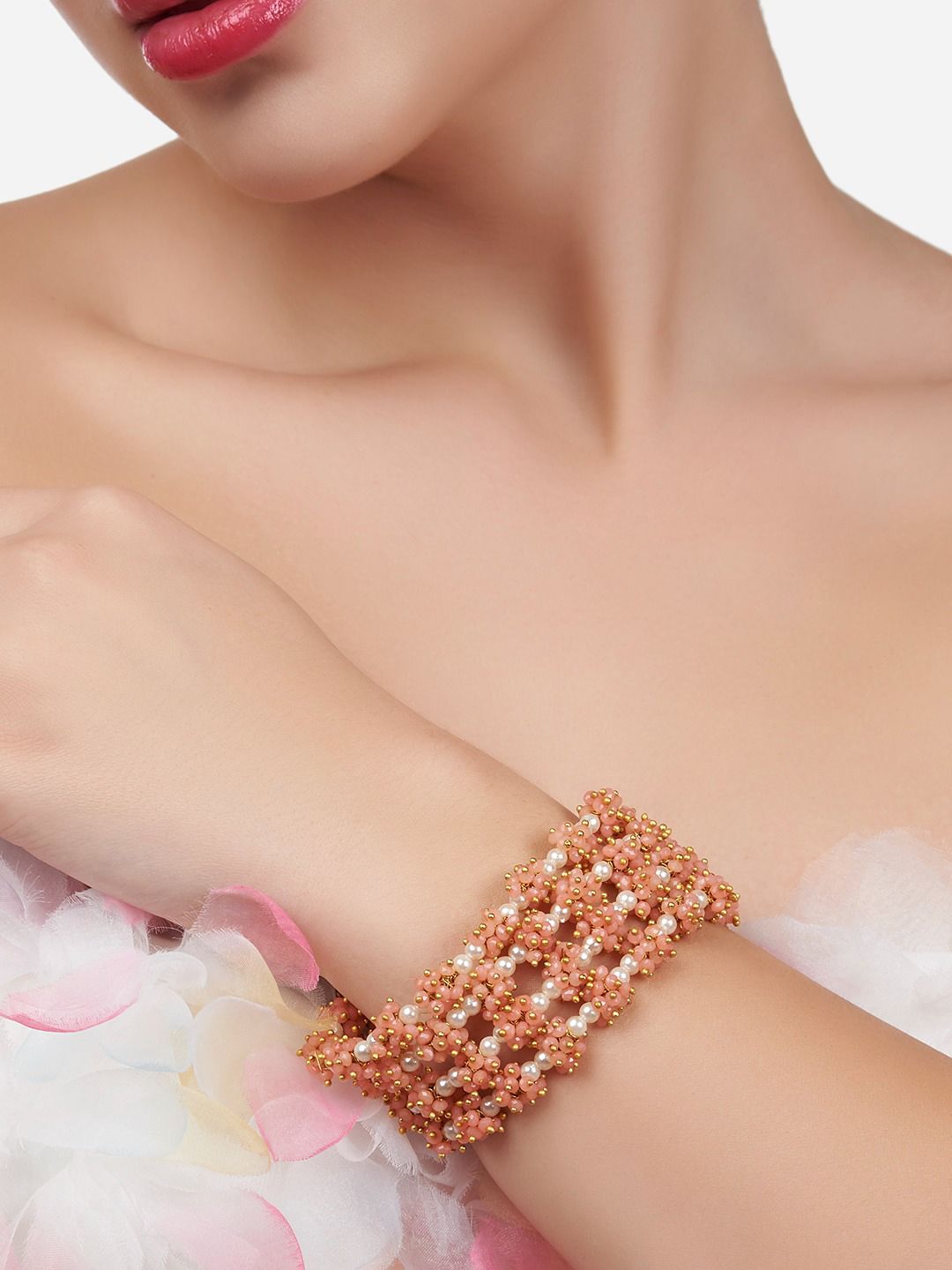 Zaveri Pearls Women Peach-Coloured Gold-Plated Wraparound Bracelet Price in India