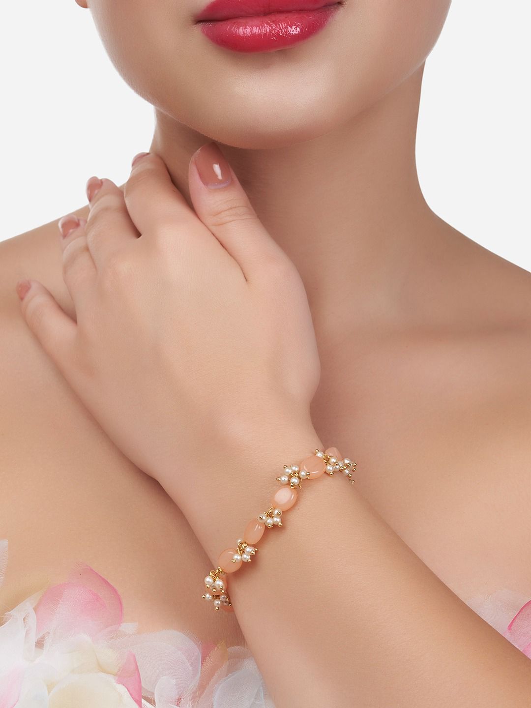 Zaveri Pearls Women Gold-Toned & Peach-Coloured Gold-Plated Wraparound Bracelet Price in India