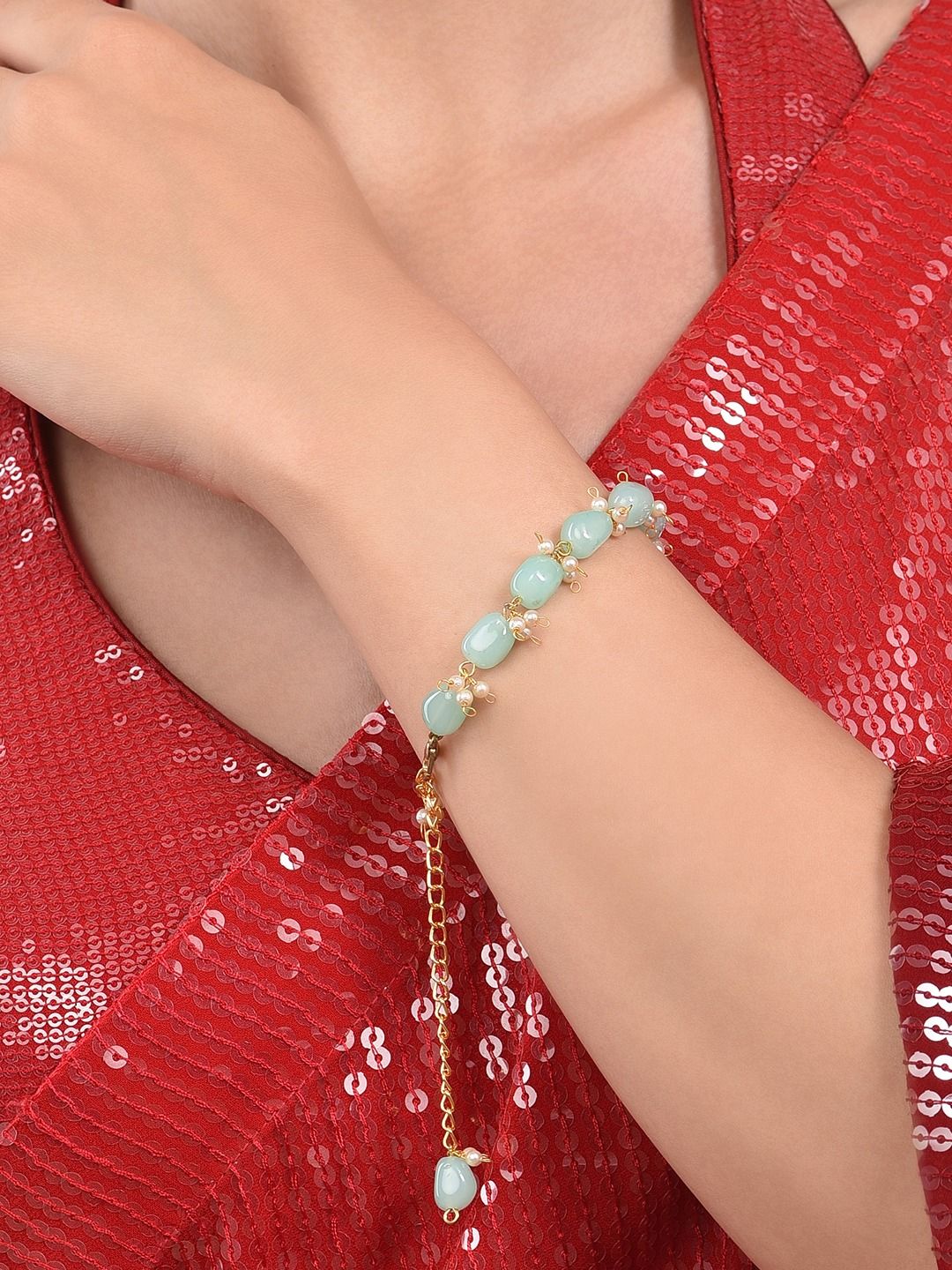 Zaveri Pearls Women Gold-Plated & Sea Green Wraparound Bracelet Price in India