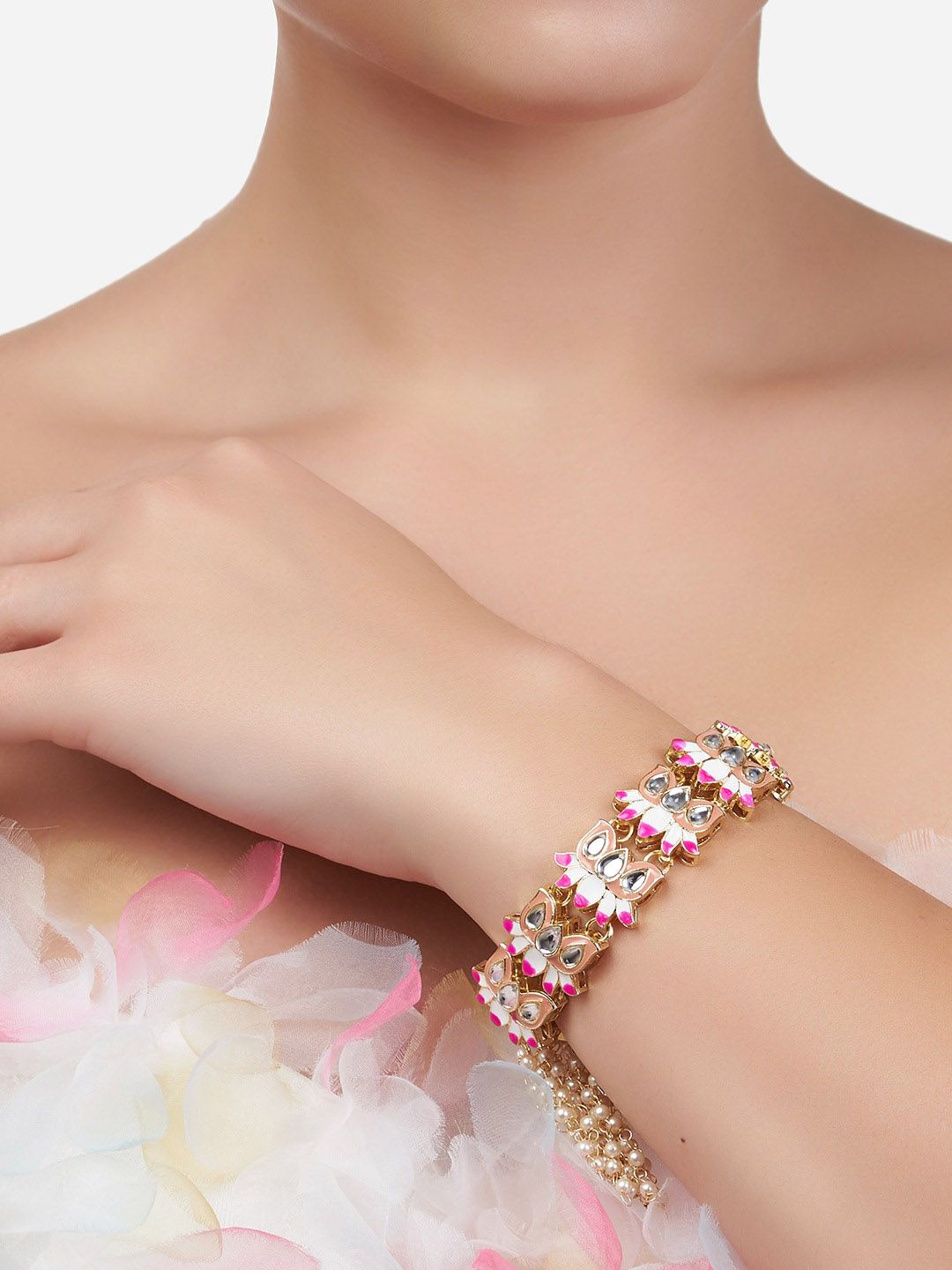 Zaveri Pearls Women Pink & White Kundan Meenakari Gold-Plated Wraparound Bracelet Price in India