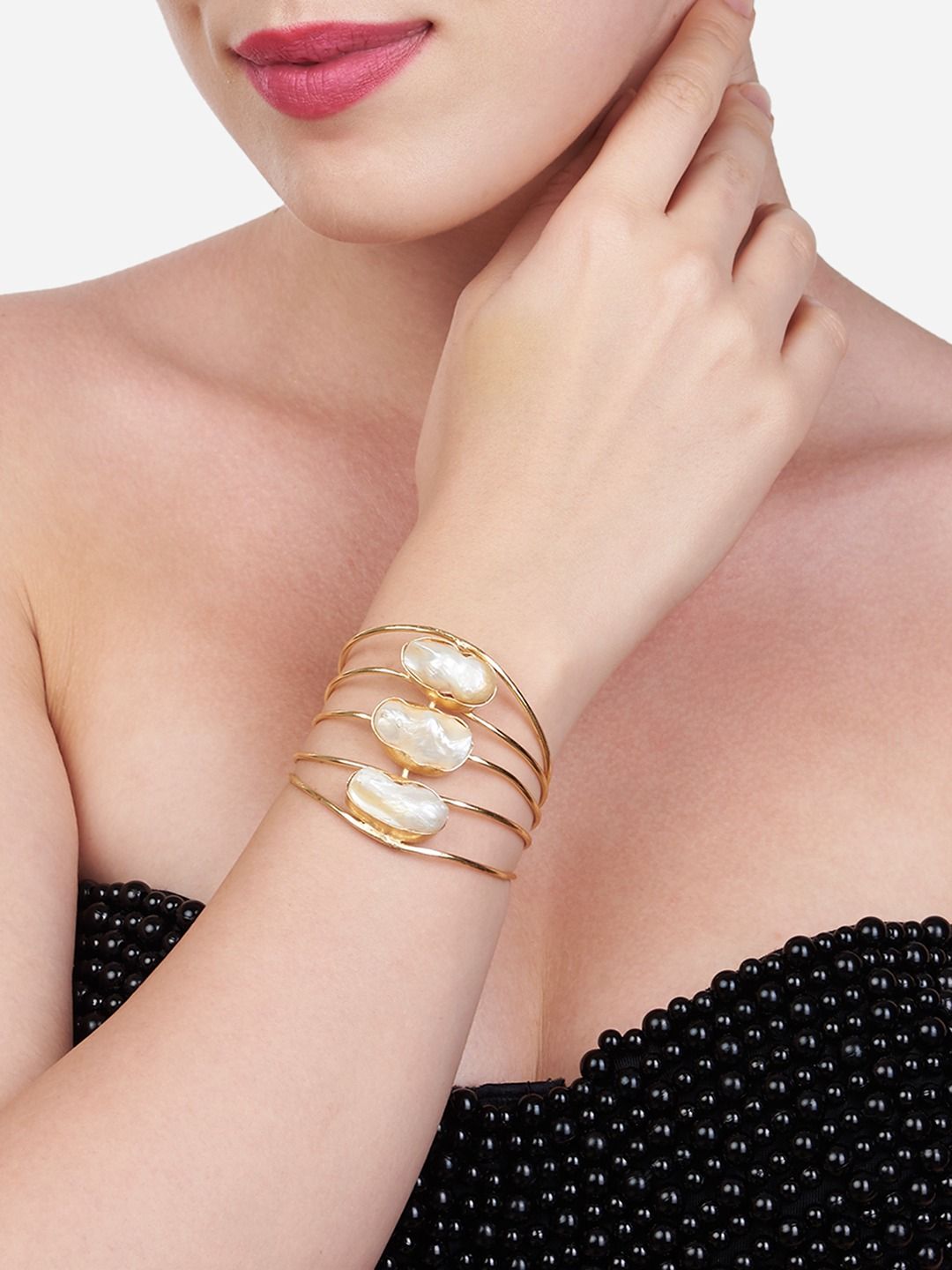 Zaveri Pearls Women Gold-Plated & White Brass Pearls Cuff Bracelet Price in India
