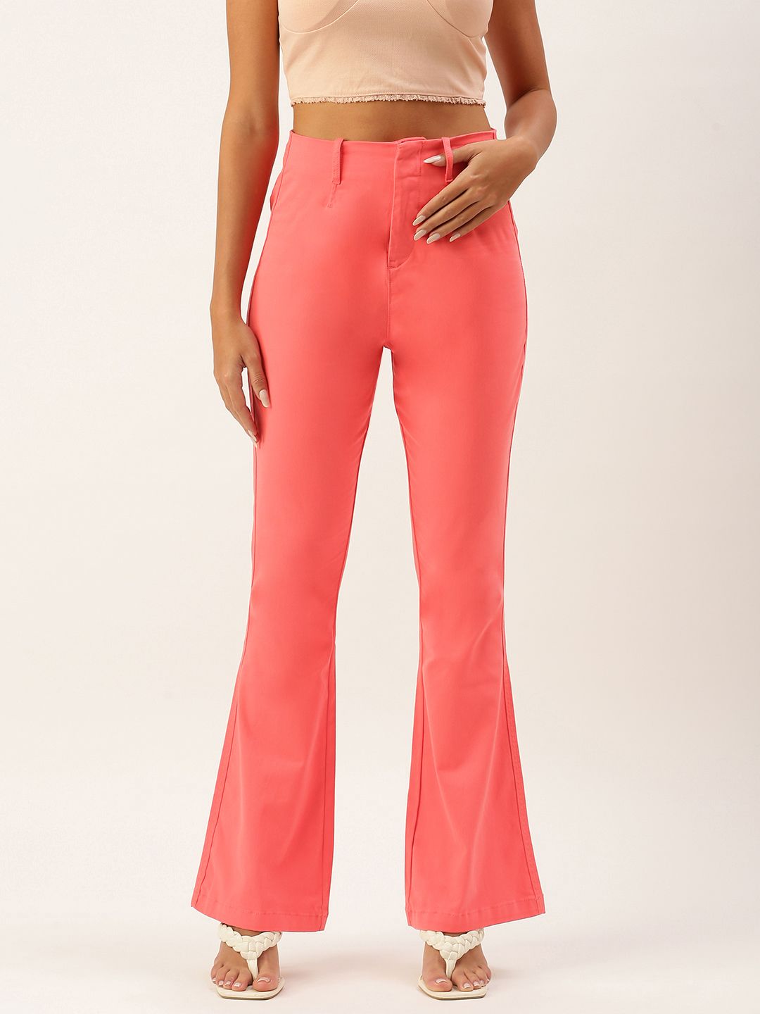 FOREVER 21 Women Coral Red Solid Mid-Rise Bootcut Trousers Price in India