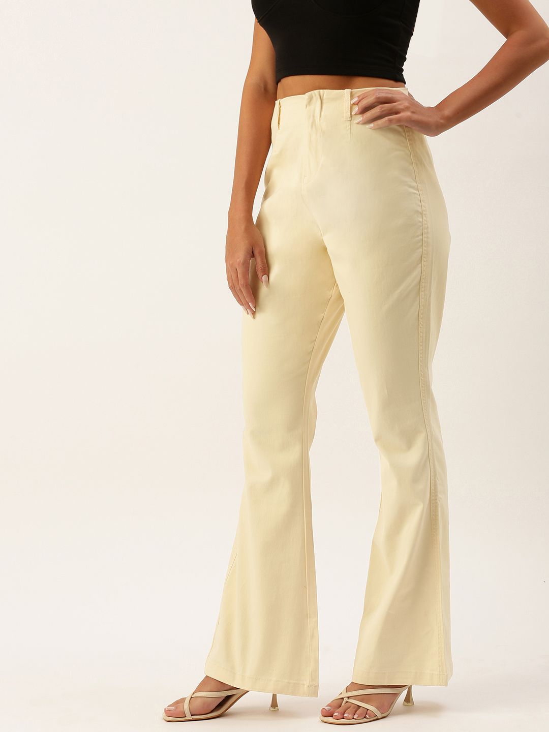 FOREVER 21 Women Cream-Coloured Solid Mid-Rise Bootcut Trousers Price in India